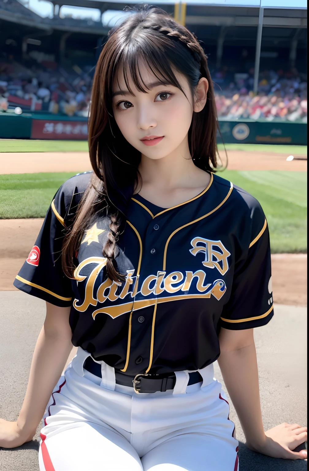 (8K, Raw photo, top-quality, ​masterpiece: 1.2), ​masterpiece, super detailing, Ultra-high decomposition energy A, (Realistic and realistic photos: 1.37), high-definition RAW color photography, Very delicate and beautiful., About Igree, 8K Wallpaper, astonishing, detaileds, extremely detailed eye, highlydetailed skin, extremely detailed fingers, highly detailed nose, highly detail mouth, perfect anatomia,1girll, (Baseball Uniforms), Hanshin Tigers Jersey、hazy, blured background, Blurred foreground, blush, braid, pectoral muscles, depth of fields, eyebrows visible through hair, Frild, hair between eye, Baseball Stadium, jewely, look up at viewer, Short hair, Sitting, Solo, Colossal tits、乃木坂アイドル、韓国アイドル、hposing Gravure Idol、 Star、18year old、tall、韓国アイドル、乃木坂アイドル、 Star、hposing Gravure Idol、((full body Esbian)), ((Gravure Pose))