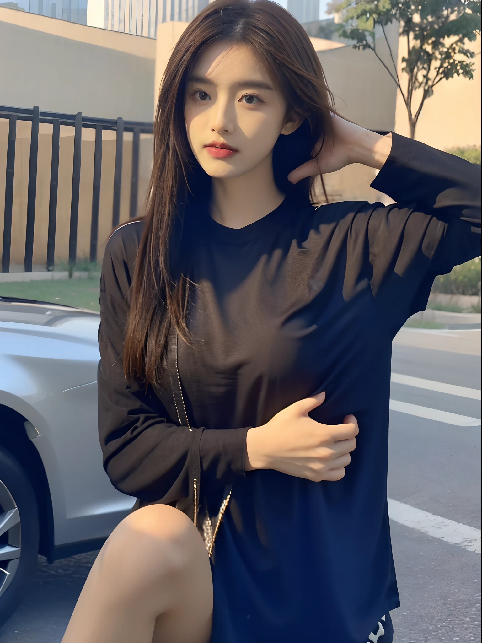 ((Realistic lighting、top-quality、crisp background、8K、tmasterpiece:1.3))、:1.2、1girl in、perfect body type:1.4、Slim abs:1.1、((dark brown hair))、(Black shirt:1.4)、(outside of house、natta:1.1)、basketball playground、ultra thin face、Thin eyes、二重まぶた、Complete fitness body、Short clothing、Elegant features of the chest、Physical characteristics of the perfect role-playing model、Sexy traits in proof、 Geek tight and sexy fashion outfits、Perfect facial and body details and functions