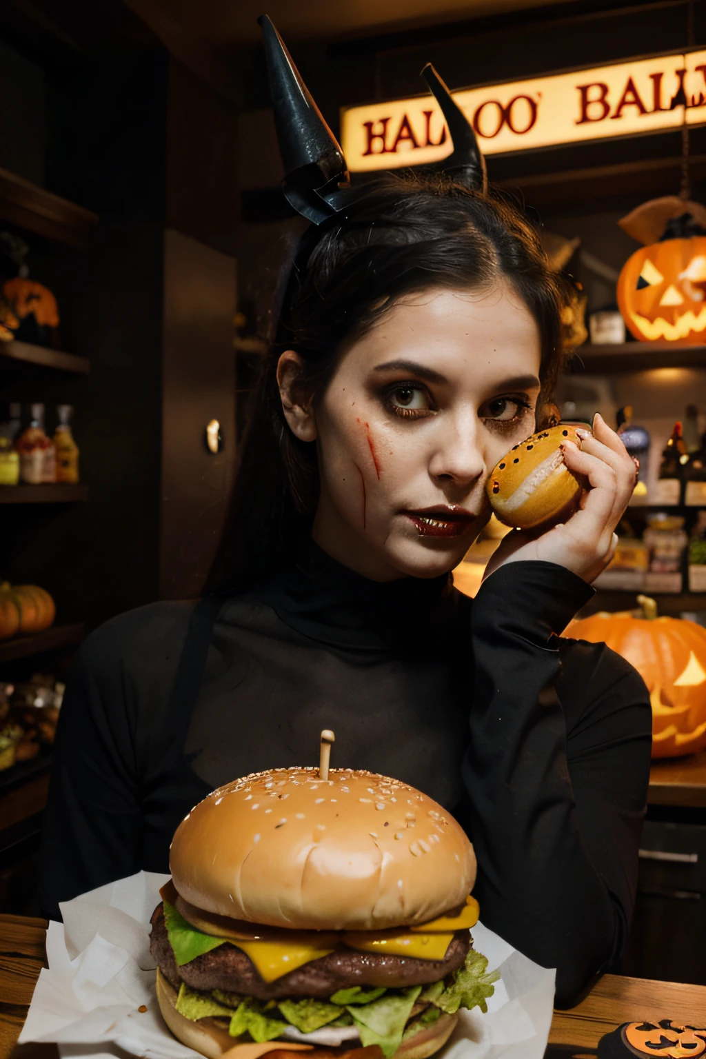 Draw a unique and spooky Halloween character holding a monster burger. The character must have typical Halloween features, Like a scary mask, trajes macabros ou maquiagem assustadora. The burger should also be themed, com ingredientes como olhos de queijo, Bloody ketchup and bat buns. Be sure to create a sinister and fun atmosphere around the character and the burger to celebrate the spirit of Halloween.
