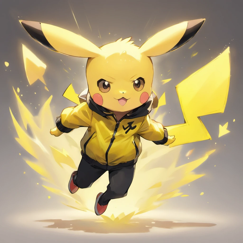 Pikachu wears a white shirt with a yellow jacket and black pants,Lovely jump,Current surrounds,Body stretching,Brighten skin,HighestQuali,8K