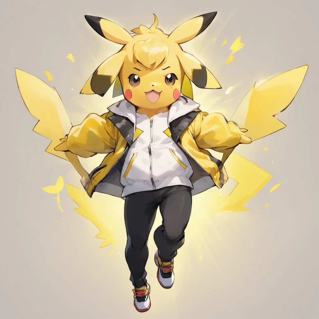 Pikachu wears a white shirt with a yellow jacket and black pants,Lovely jump,Current surrounds,Body stretching,Brighten skin,HighestQuali,8K