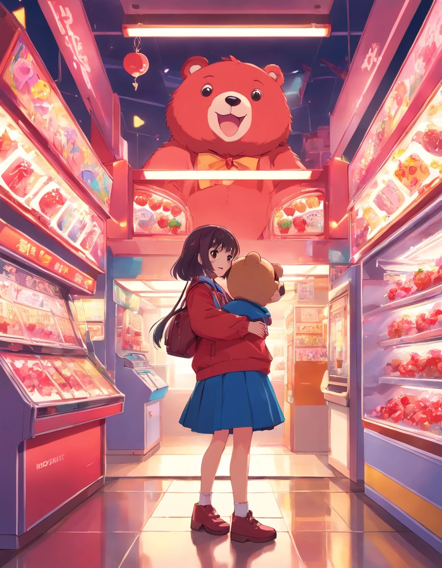 There is a cute boy and girl standing in front of the crane machine,Girl holding cute strawberry bear in her hand, Cute cartoon, cute illustration, Praise Artstyle, lofi feel,The background is a claw machine,There is a cute doll on the mechanical grab in the crane machine。