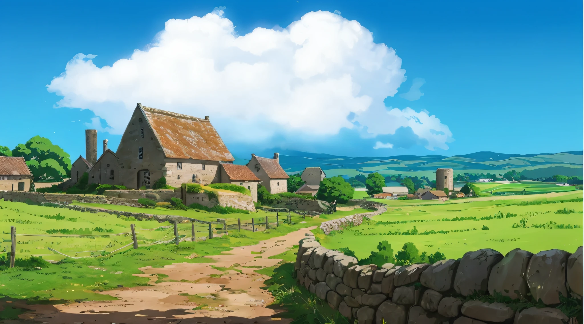 Countryside painted with stone walls and stone fences, anime countryside landscape, distant village background, Anime background art, Anime landscape concept art, beautiful anime scenery, Anime landscapes, medieval village on the plains, town background, Anime landscape, Countryside, anime landscape wallpapers, arte de fundo, anime backgrounds, amazing wallpapers, countryside city scene, landscape artwork, background artwork，tmasterpiece，64k，super detailed,vivid color，studio lighting,professional photography,uhd