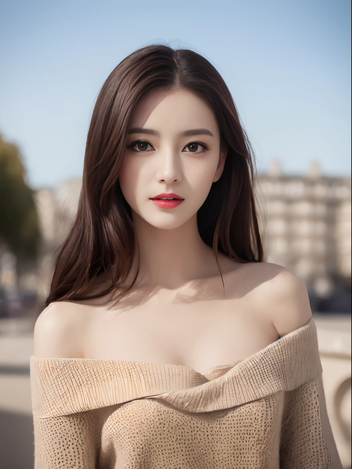 extremely delicate and beautiful girl,realisticlying,Incredibly absurd,abstract art,From waist to shoulders,catch,extra detailed body,Short Black Hong Kong Style Hair,,Floating hair,light brown hair,Vitone Hair,beautiful fine hair,Exquisite and beautiful face,浅笑,Clear eyes,parted_Lips, Black colored eyes,Neck_bow ribbon,frilld_Dress,beautiful and clear background,Beautiful sky,full bloom,very precise details,absurderes,extremely CG,((A sexy mature girl:1.5))、Thick lip、Crimson Lip Gloss、eye make up、((40 years:1.5))、Sweaters、Parisian café scene、Sunset sky