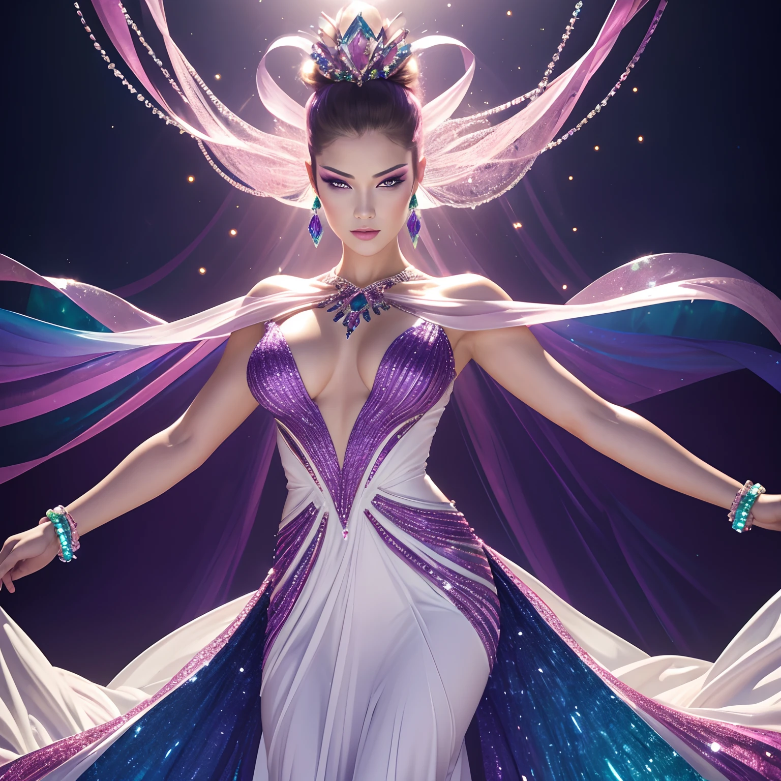 finest image, (8k, RAW photo, realistic), detailed and delicate depiction and flashy and dynamic painting method, fashion show, beautiful female model with an outstanding figure and body, condescending gaze and slitted eyes, extreme hairstyles makeup and costumes, fashion with unique colors and unique designs, long dress made of (diamonds crystals pink-sapphires emeralds aquamarines amethysts rainbow-moonstones white-opals), background venue and audience, colorful lights dancing around