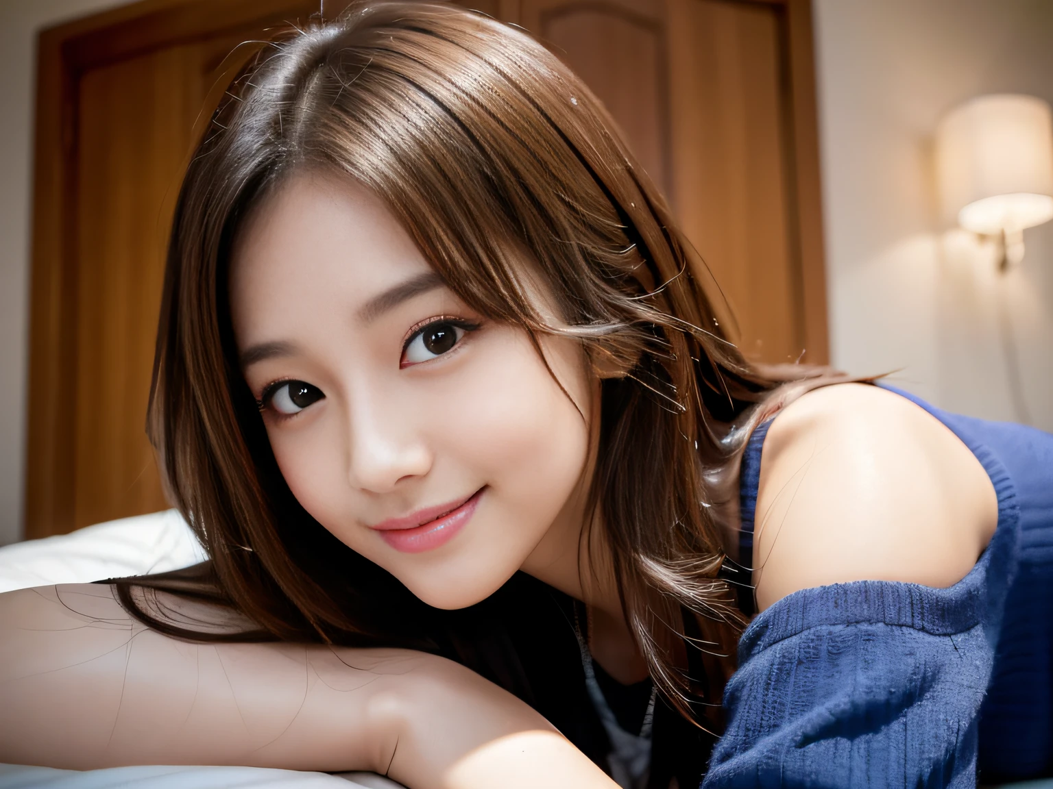 High resolution,4K,8K,16 K,
1womanl,
(Fair skin:1.2),(age19:1.5)、
(Kpop Idol:1.2),skinny,Long legs;1.1,
long brown hair,(Beautiful face:1.2),Perfect body,(Perfect face,Beautiful nose:1.2),Looking at Viewer,(Smile:1.3),2arm,Lying,on the beds,Close-up Face,
Face on pillow,touching face, in room,