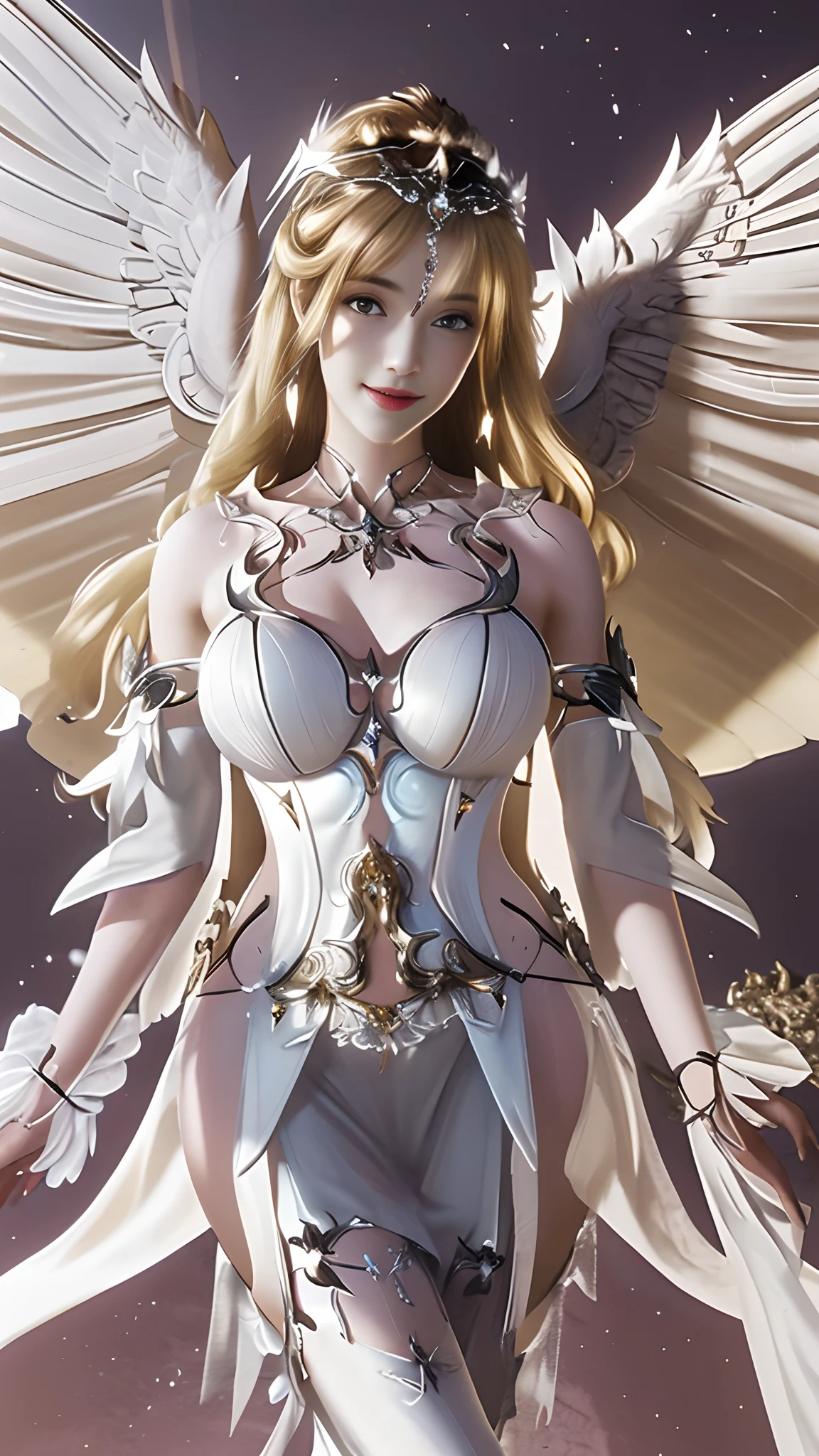 priestess,valkyrie,angel wings,navel,sideboob,complex,light particles,thighs,shiny skin, perfect lighting, 1girl, looking at viewer,winged headgear,pelvic curtain, smile,(masterpiece), (best quality), extremely huge breasts, motherly, porcelain skin, honey blonde hair, very long hair, wavy hair