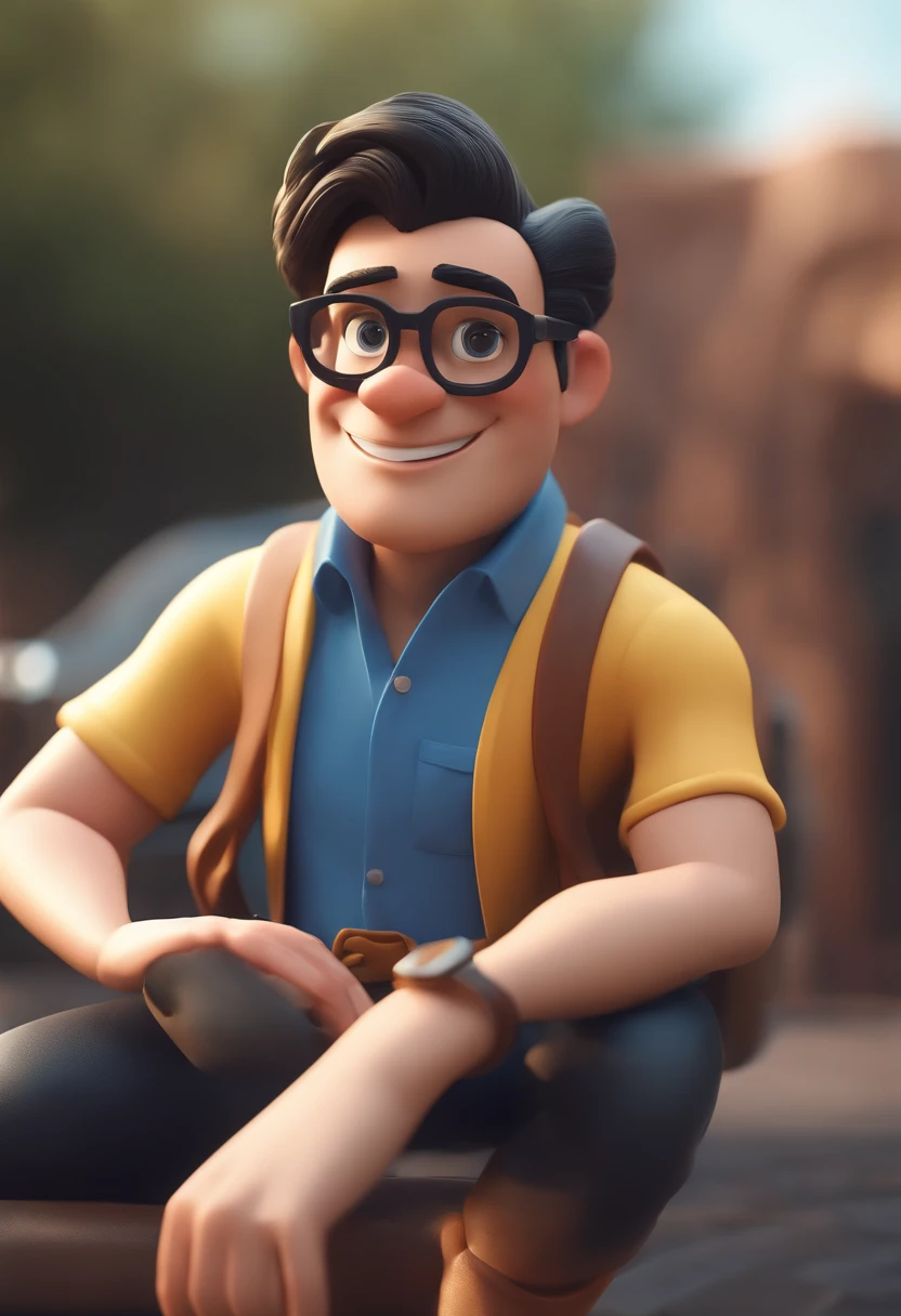 Cartoon character of a man wearing black glasses and a blue shirt, an animated character, stylized character, animation style render, stylized 3d, arnold maya render, 3 d render stylized, toon render keyshot, 3d character, 3d character, 3D rendering stylized, 3 d character render, cartoon character, Close-up characters, Character pose,  (pixar-style) (Master parts:1.2) (Bokeh) (Best quality) (Detailed skins) (detail texture) (8K) (clay) (Cinematic lighting) (foco nítido