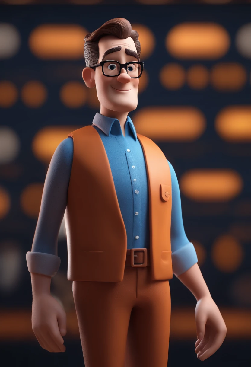 Cartoon character of a man with black glasses and a blue shirt, animation character, Caractere estilizado, animation style rendering, 3D estilizado, Arnold Maya render, 3 d render stylized, toon render keyshot, Personagem 3D, Personagem 3D, 3d rendering stylized, 3 d character render, personagem de desenho animado, Personagem de close up, Pose de personagem, (Estilo Pixar) (master part:1.2) (Bokeh) (best quality) (pele detalhada) (textura detalhada) (8k) (argila) (Cinematic lighting) (foco nítido