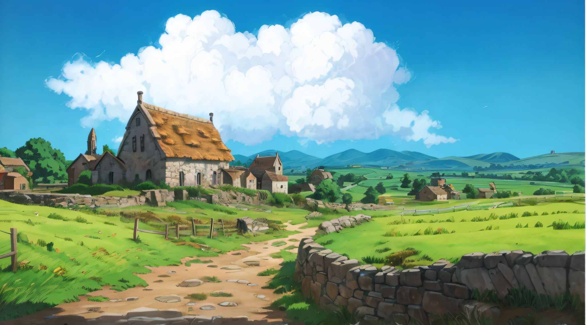 tmasterpiece，64k，Countryside painted with stone walls and stone fences, anime countryside landscape, distant village background, Anime background art, Anime landscape concept art, beautiful anime scenery, Anime landscapes, medieval village on the plains, town background, Anime landscape, Countryside, anime landscape wallpapers, arte de fundo, anime backgrounds, amazing wallpapers, countryside city scene, landscape artwork, background artwork，super detailed,vivid color，studio lighting,professional photography,uhd