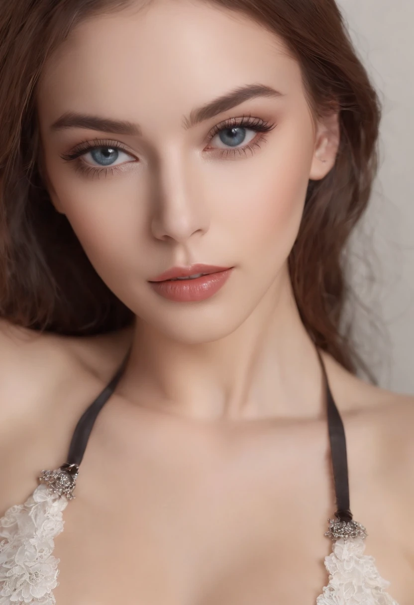 Ultra-detailed details,UHD resolution,1.4 times real,hyper HD,(Full body like)1girll,((Dark blue eyes))Love eyes,Delicate facial features,Nice face,Eyjamacaines are confused,Sexy erotic lingerie women three points,Expose large,Wear black high heels,He has a black collar around his neck,Two sexy thighs(There is no shelter),Wear flip-flops,(Show your toes),White,Sense of light and shadow,luxury hotel