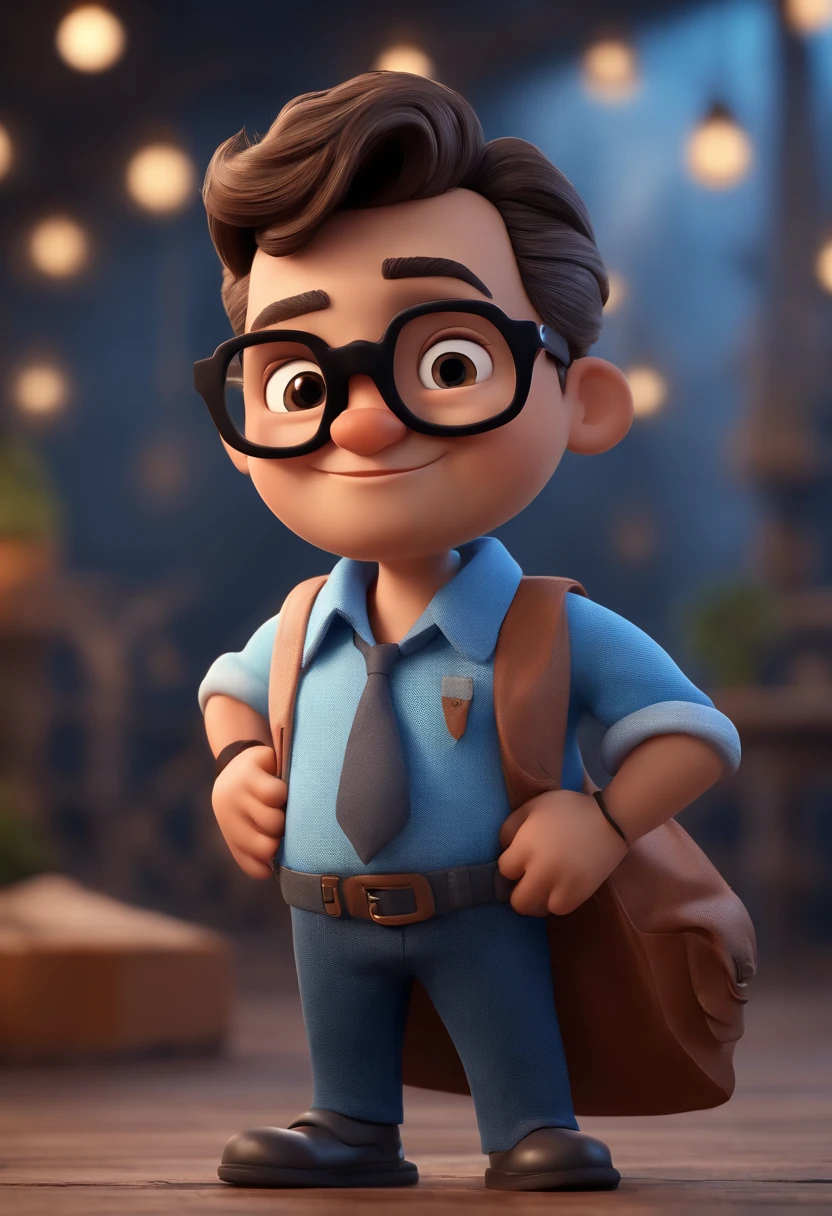 Cartoon character of a man with black glasses and a blue shirt, animation character, Caractere estilizado, animation style rendering, 3D estilizado, Arnold Maya render, 3 d render stylized, toon render keyshot, Personagem 3D, Personagem 3D, 3d rendering stylized, 3 d character render, personagem de desenho animado, Personagem de close up, Pose de personagem, (Estilo Pixar) (master part:1.2) (Bokeh) (best quality) (pele detalhada) (textura detalhada) (8k) (argila) (Cinematic lighting) (foco nítido