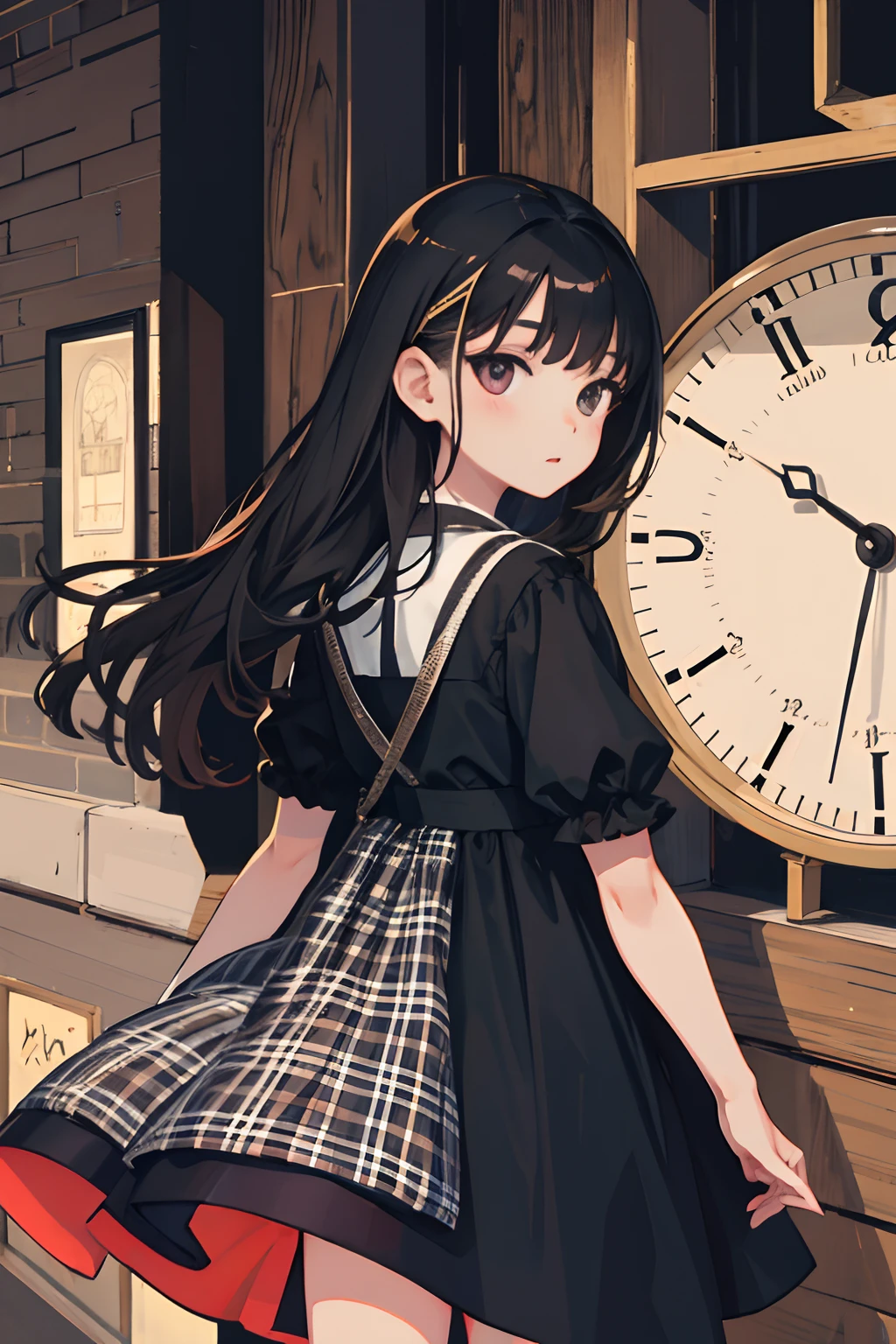 (child)，A dark-haired，clock tower，Plaid dress