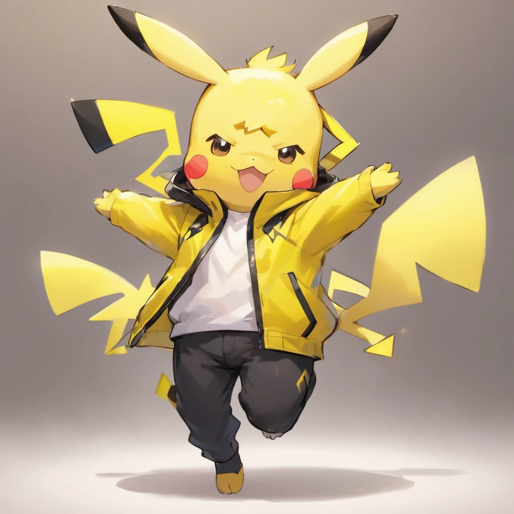 Pikachu wears a white shirt, yellow jacket, and black pants,Lovely jump,Current surrounds,Body stretching,Brighten skin,HighestQuali,8K