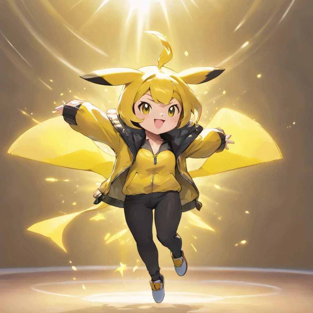 Pikachu wears a white shirt, yellow jacket, and black pants,Lovely jump,Current surrounds,Body stretching,Brighten skin,HighestQuali,8K