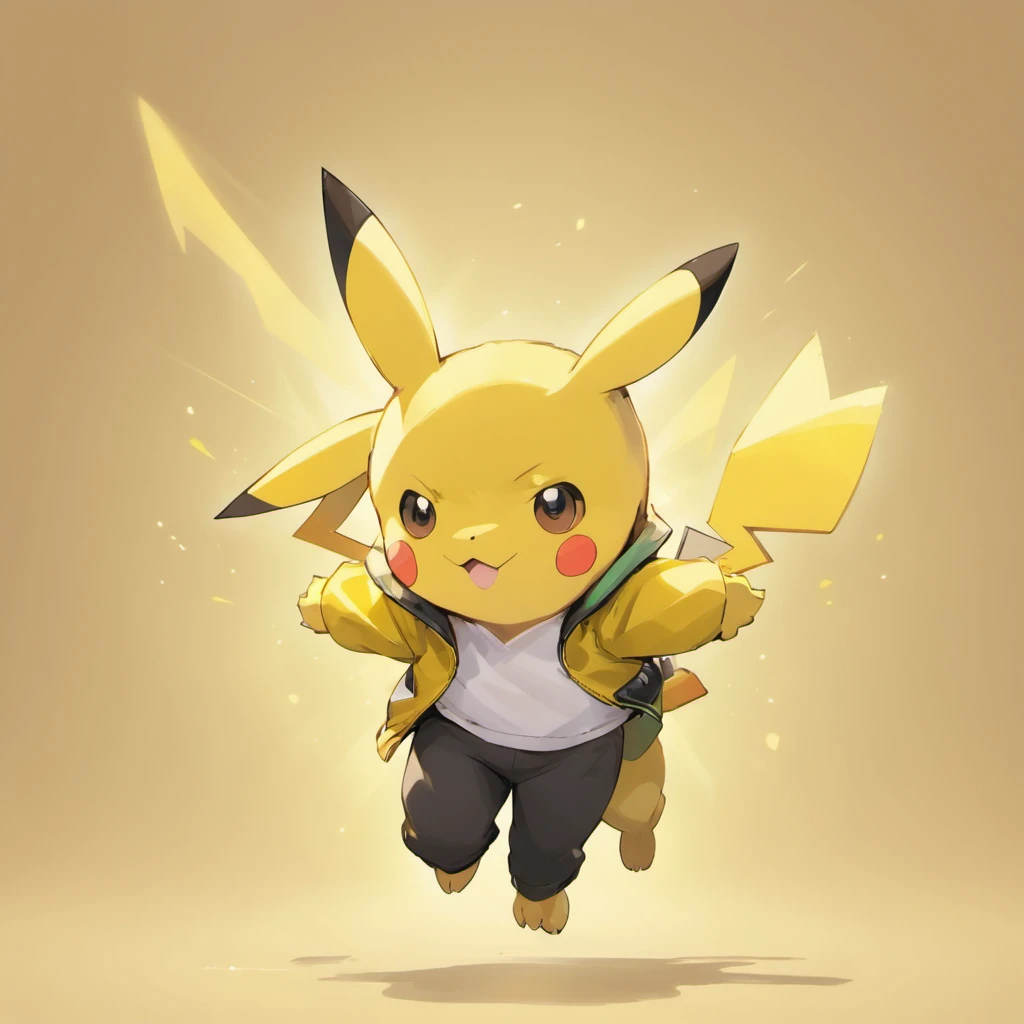 Pikachu wears a white shirt, yellow jacket, and black pants,Lovely jump,Current surrounds,Body stretching,Brighten skin,HighestQuali,8K