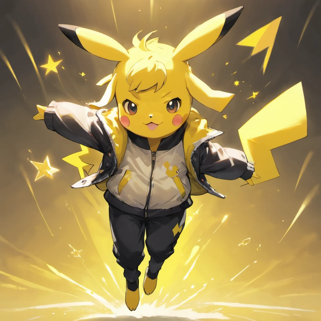 Pikachu wears a white shirt, yellow jacket, and black pants,Lovely jump,Current surrounds,Body stretching,Brighten skin,HighestQuali,8K
