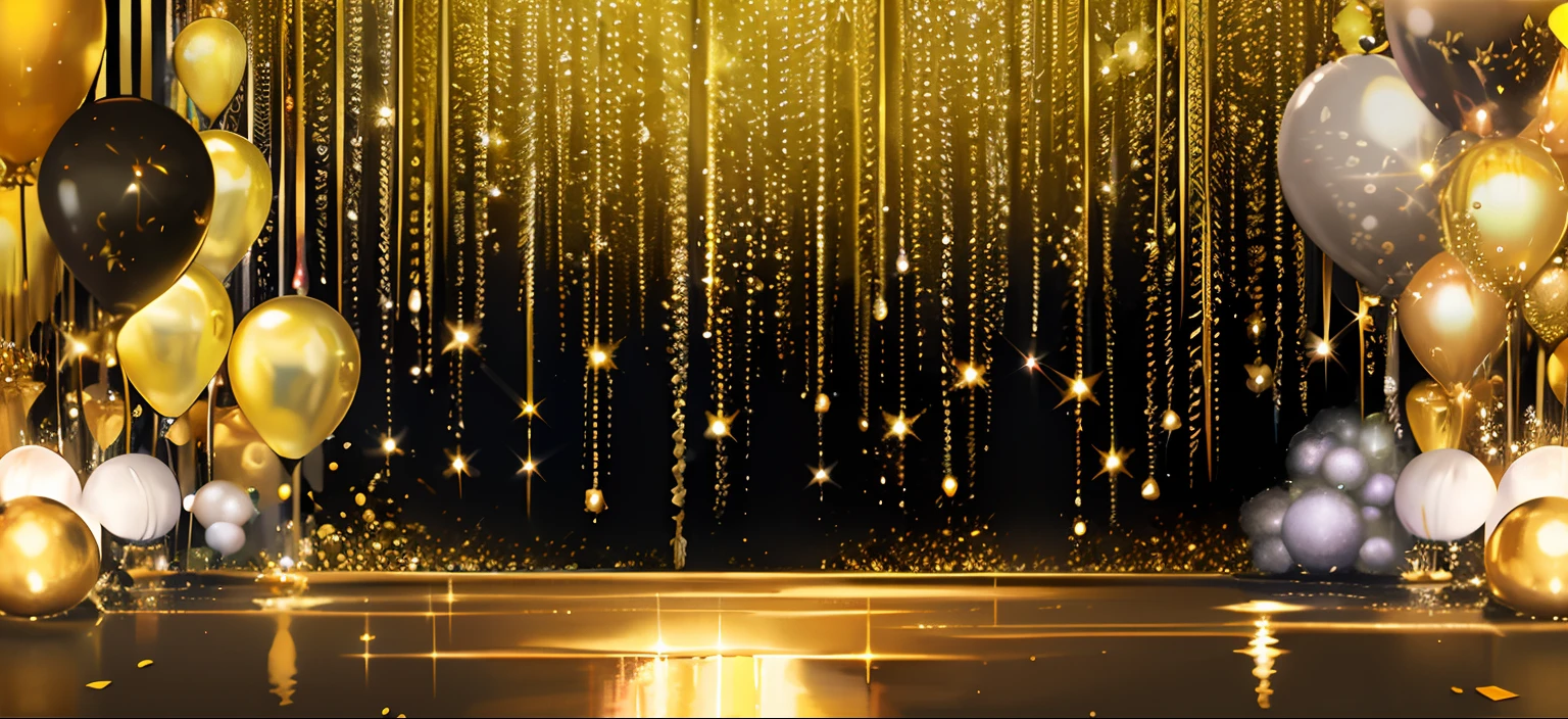 Close-up of the stage with balloons and streamers, gold raining in the background, dourados cintilantes, magical sparkling lake, golden decorations, gold waterfalls, golden fireflies lights, Golden spark, golden heavenly lights, Golden meteor, ballroom background, intricate sparkling atmosphere, gold ethereal light, with lots of glittering light, Luminous curtains, golden glistening