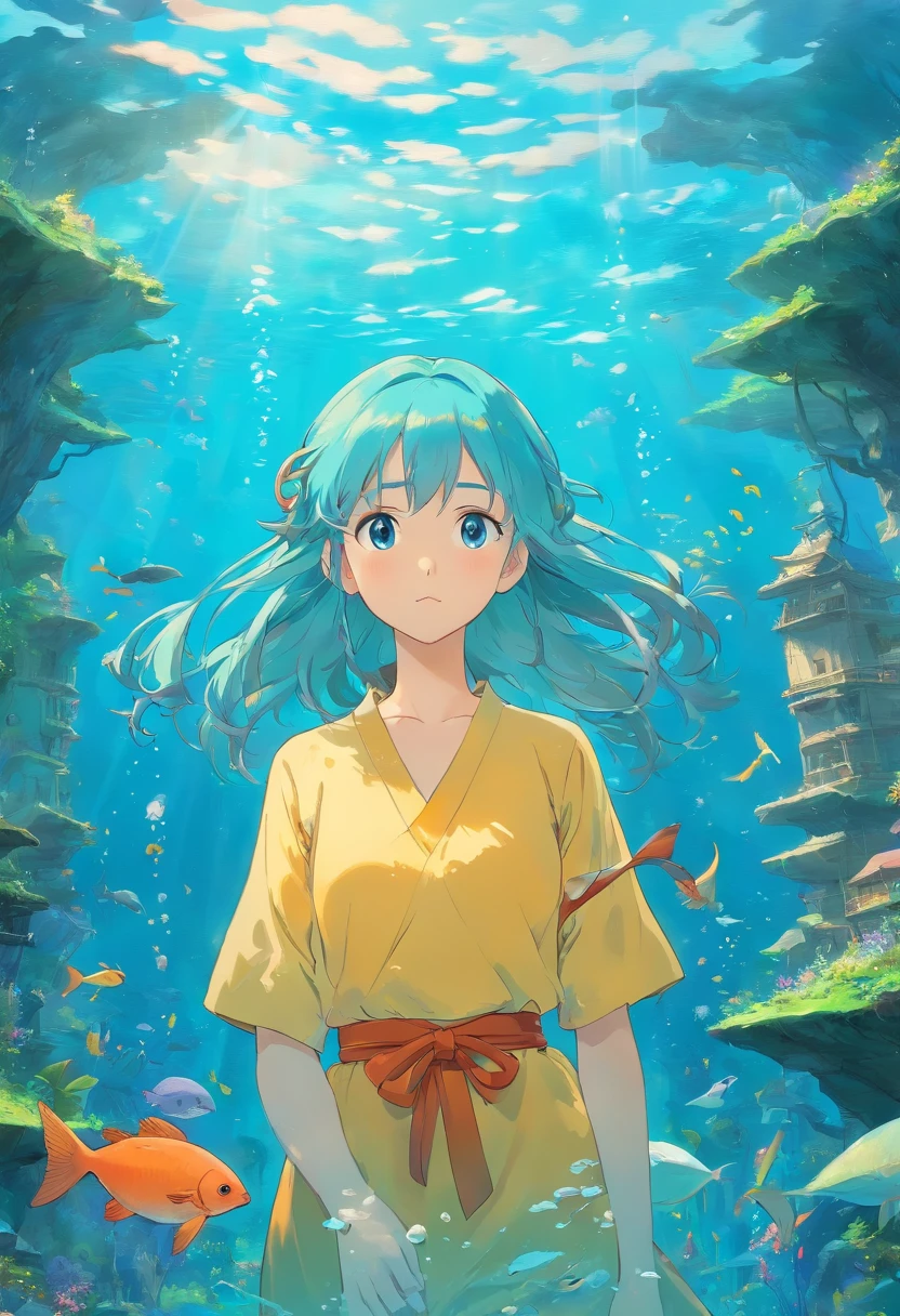 In the style of a tranquil underwater landscape, colorful animation stills, Masami Teraoka, aquamarine, Paul Gauguin, Amber style, Honest portrayal