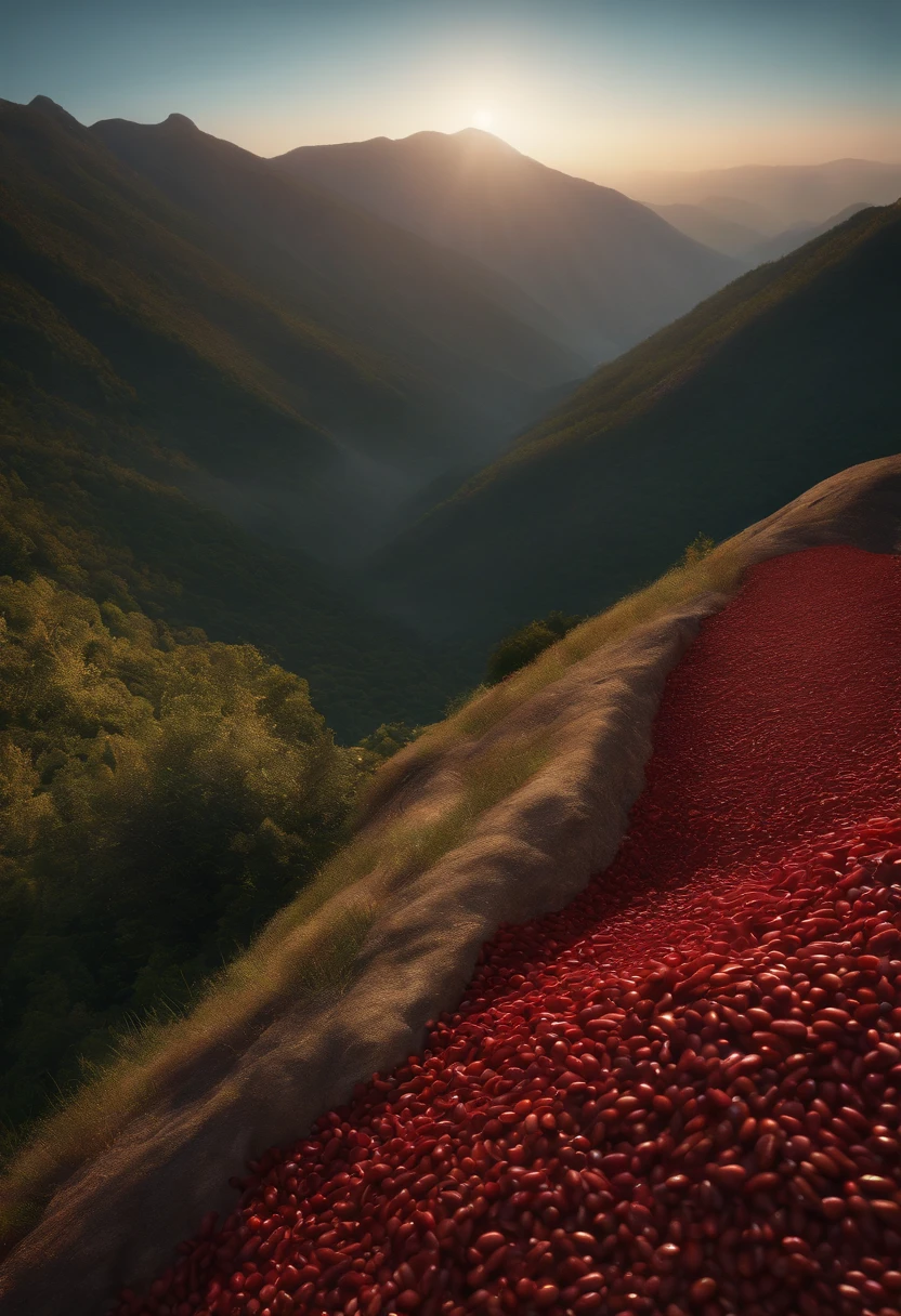 Red beans and rice grains are piled up in a mountain,microcosmic, Octane rendering, Cinematic composition, 35mm Fujifilm, Hyperrealistic, photograph realistic, HDR lighting, volumettic light, Cinematic, Pixar 3D, Detailed matte painting concept art in 8K resolution, --AR 16:9
