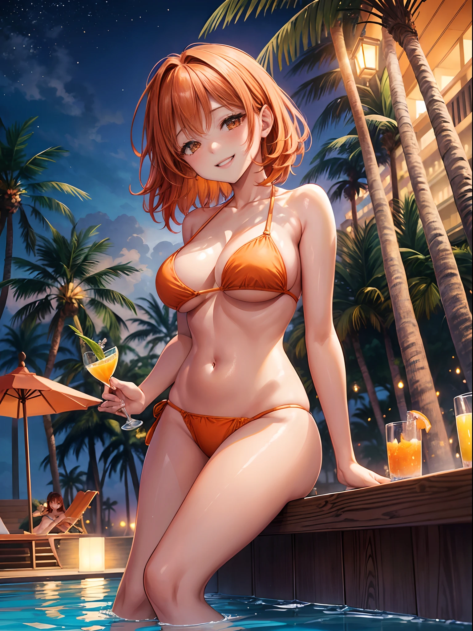 top-quality、Full limbs、complete fingers、1girl in、((one beautiful women、独奏))、Beautiful Large Breasts、Medium Hair、straight haired、orange color hair、((Woman in orange bikini))、Night Pool、Illuminated pool、Hotel rooftop、Naughty Poses、A big smile、nighttime scene、Sit on a beach bench、Drinking tropical juices
