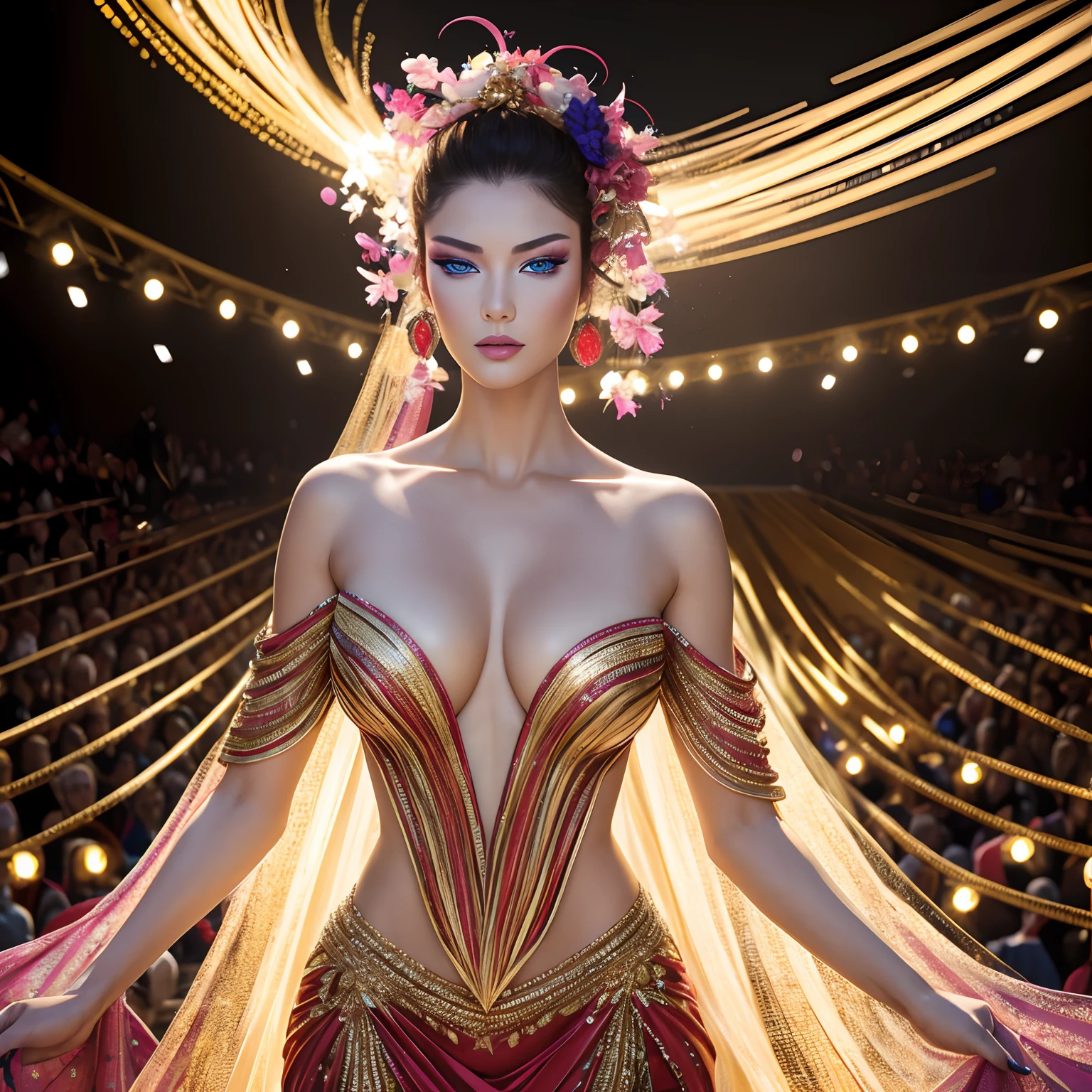 finest image, (8k, RAW photo, realistic), detailed and delicate depiction and flashy and dynamic painting method, fashion show, beautiful female model with an outstanding figure and body, condescending gaze and slitted eyes, extreme hairstyles makeup and costumes, fashion with unique colors and unique designs, background venue and audience, colorful lights dancing around