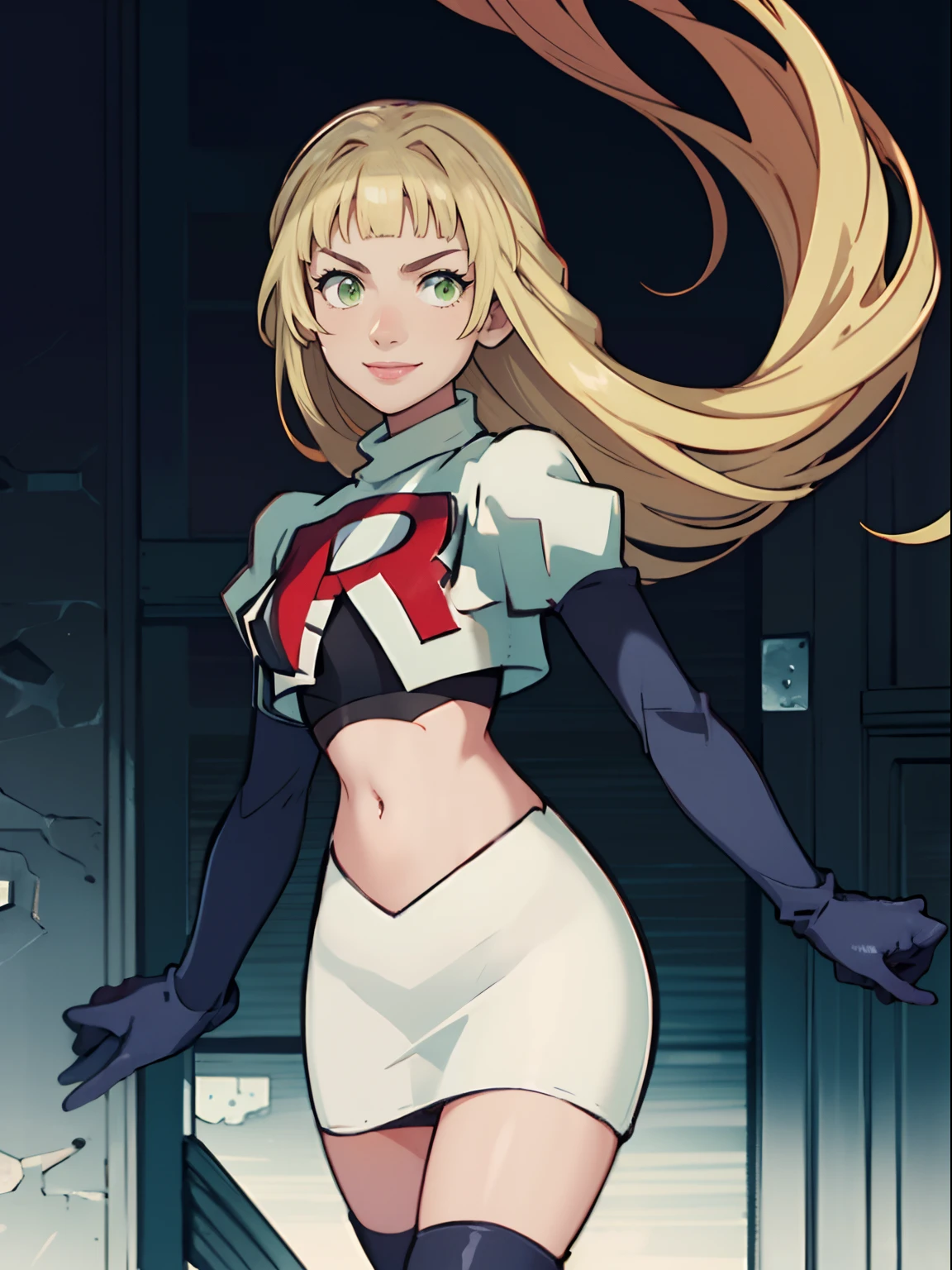 ingrid_academy, green eyes, team rocket, team rocket uniform, red letter R, white skirt, white crop top, black thigh-high boots, black elbow gloves, looking at viewer, evil smile