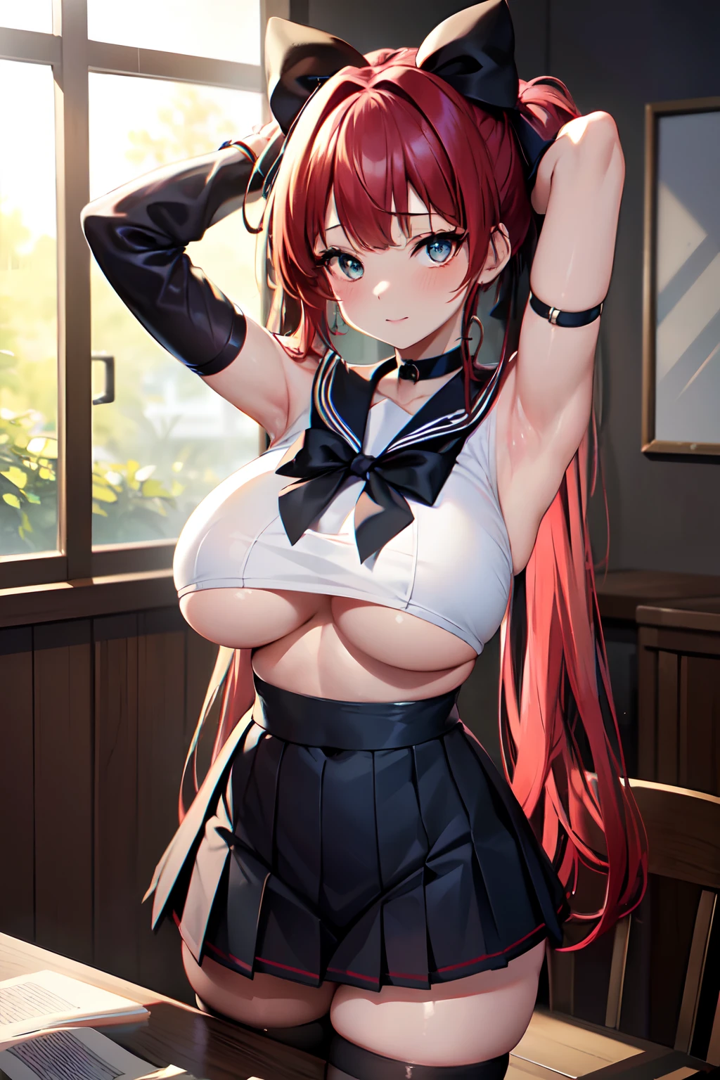 Very sensitive and beautiful girls, (Masterpiece eyes:1.3), Sweat skin, cowboy_火, da_Below, From Bello, Roof, looking at the scenes, armpits, shiny_skin, long hair, (arms behind head, armpits), long bangs, twintails, Red hair, seducing smile, beautiful and delicate eyes, teeth, (only_shoulders), Huge_breasts, (Navel), Zetai_Ryuiki, red eyes, (dark-skinned_female), Black_ribbon, choker, sailor suit, (sleeveless), pleated_minnie_skirt, (underboob), thigh_gap, Classroom, indoors, table, chair, (five fingers, 4 fingers and 1 thumb), 巨作, Best Quality, Captures a very beautiful moment, Depth-of-field, A highly detailed, Super High Resolution, C4D, Octadelle, 3D النمذجة, 8k, 16k,