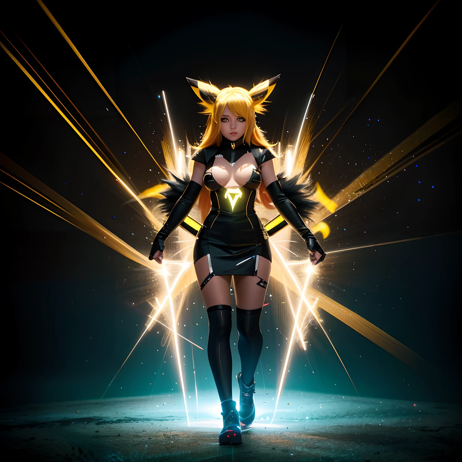 araffe woman in a black outfit with a yellow light, cyberpunk pikachu, lux from league of legends, senna from league of legends, seraphine ahri kda, league of legends character, ahri, anime character; full body art, samira from league of legends, style league of legends, 3 d render character art 8 k with a giant cock