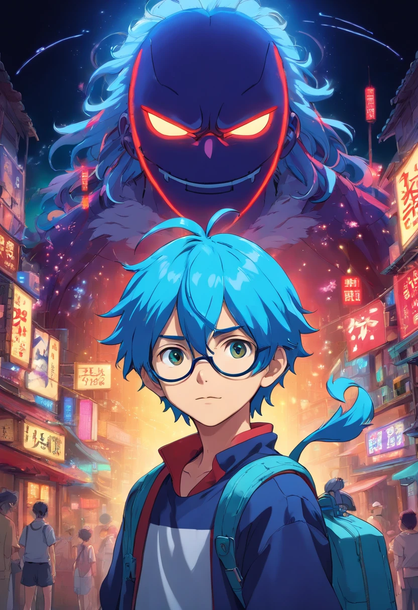 boy,with neon hacker mask,dark background,blue hair