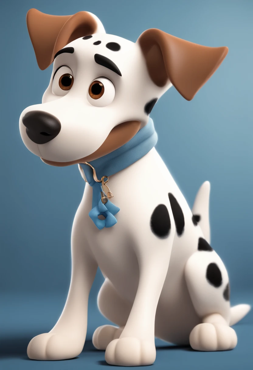 White dog with very short coats, com duas manchas redondas beges bem claras pelas costas, The right eye is brown with blue spots, The left eye is all blue with a few brown spots, The tail is tall and very hairy, animation character, Caractere estilizado, animation style rendering, 3D estilizado, Arnold Maya render, 3 d render stylized, toon render keyshot, Personagem 3D, Personagem 3D, 3d rendering stylized, 3 d character render, personagem de desenho animado, Personagem de close up, Pose de personagem, (Estilo Pixar) (master part:1.2) (Bokeh) (best quality) (pele detalhada) (textura detalhada) (8k) (argila) (Cinematic lighting) (foco nítido