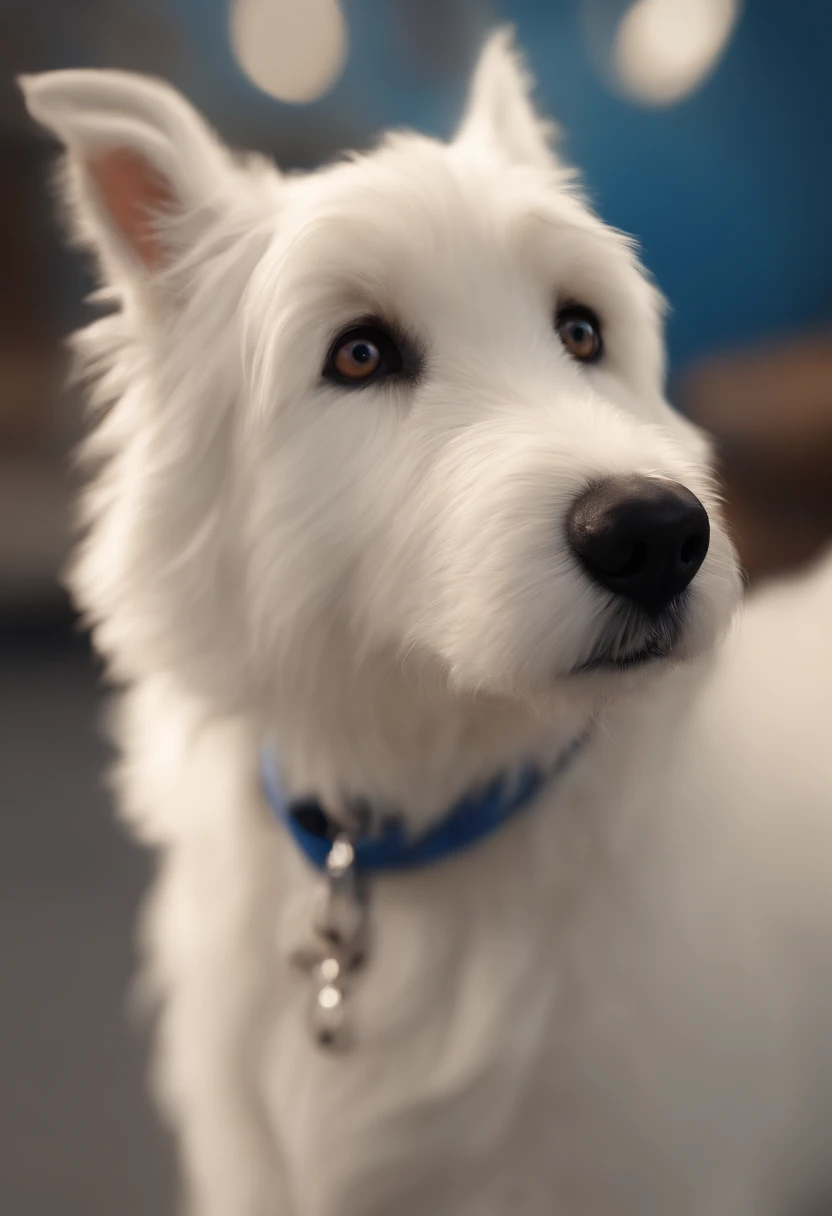White dog with very short coats, com duas manchas redondas beges bem claras pelas costas, The right eye is brown with blue spots, The left eye is all blue with a few brown spots, The tail is tall and very hairy, animation character, Caractere estilizado, animation style rendering, 3D estilizado, Arnold Maya render, 3 d render stylized, toon render keyshot, Personagem 3D, Personagem 3D, 3d rendering stylized, 3 d character render, personagem de desenho animado, Personagem de close up, Pose de personagem,  (Estilo Pixar) (master part:1.2) (Bokeh) (best quality) (pele detalhada) (textura detalhada) (8k) (argila) (Cinematic lighting) (foco nítido