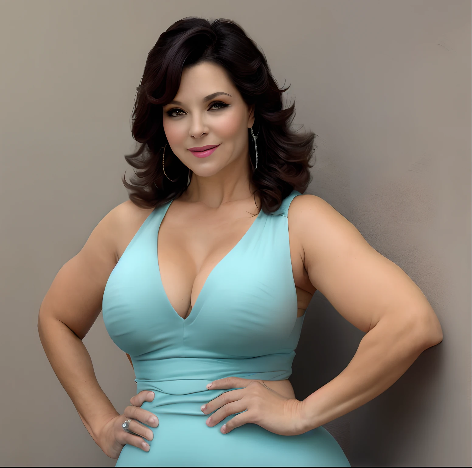 A mature complete naked woman wearing only high heels, dancing on a stage with her mouth open and laughing, BBW, large breasts, triple chin, large buttocks, 70-year-old mature beauty, her large breasts bouncing with every movement, she is a beautiful stage actress with long black wavy hair, erotic and provocative stage, adults only, deep shadows, hyper realistic, humid heat, professional lighting.