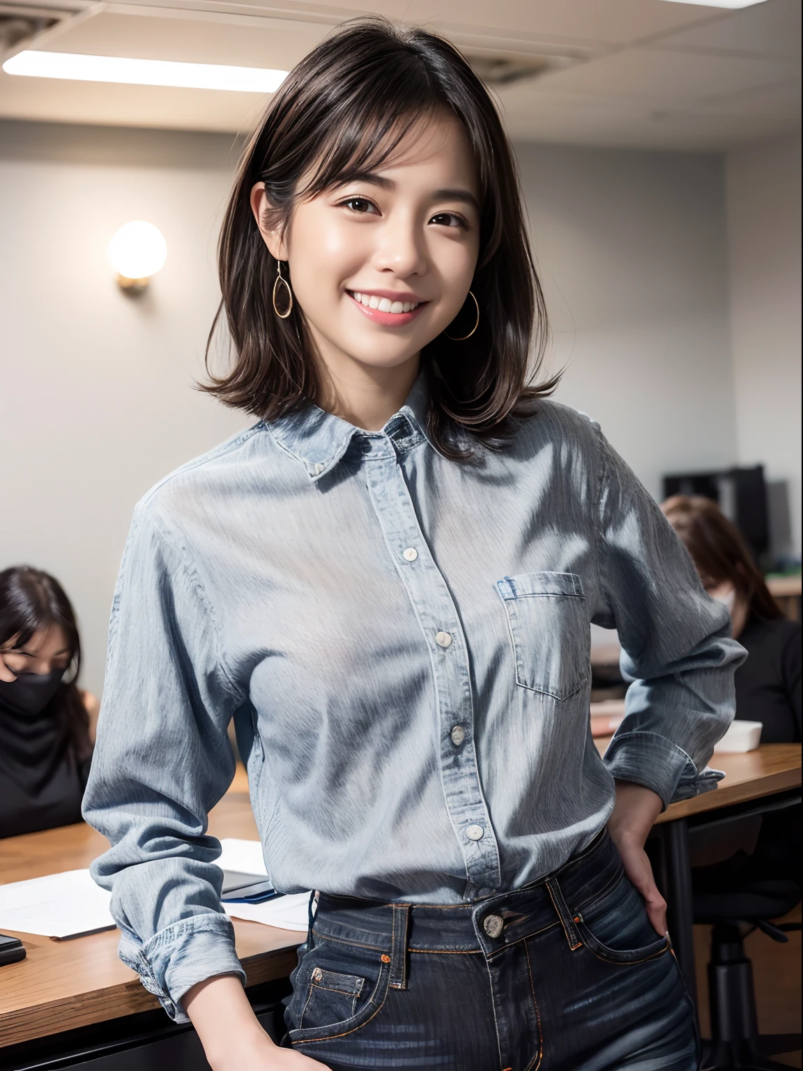 ((1mujer in the office), (((negro-pelo corto))), (Pieza Masuter:1,3)、highest qualityr、obra maestra、high resolusion、Texto original en、Fondo de pantalla muy detallado、jeans (Una leve sonrisa)、a small face、((pechos llenos))、jeans and red shirt、(Luz en la cara)、Live-action style, Beautiful facial features, Luxurious Large Room, Disparo de vaquero
