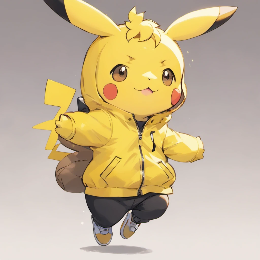 Pikachu wears a white shirt, a yellow jacket, black pants, and white shoes，Lovely jump，Current surrounds，Body stretching，Brighten skin，HighestQuali，8K