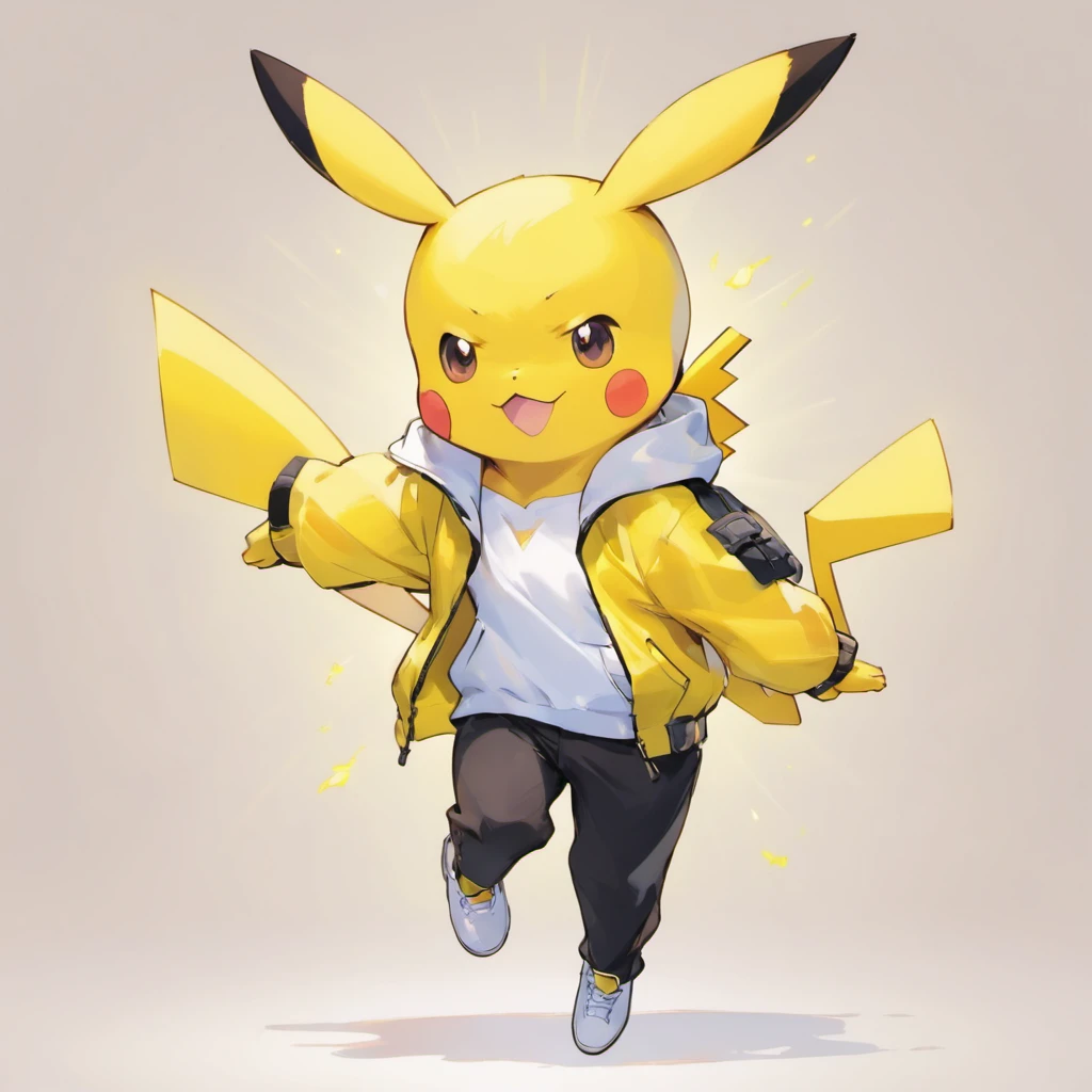 Pikachu wears a white shirt, a yellow jacket, black pants, and white shoes,Lovely jump,Current surrounds,Body stretching,Brighten skin,HighestQuali,8K