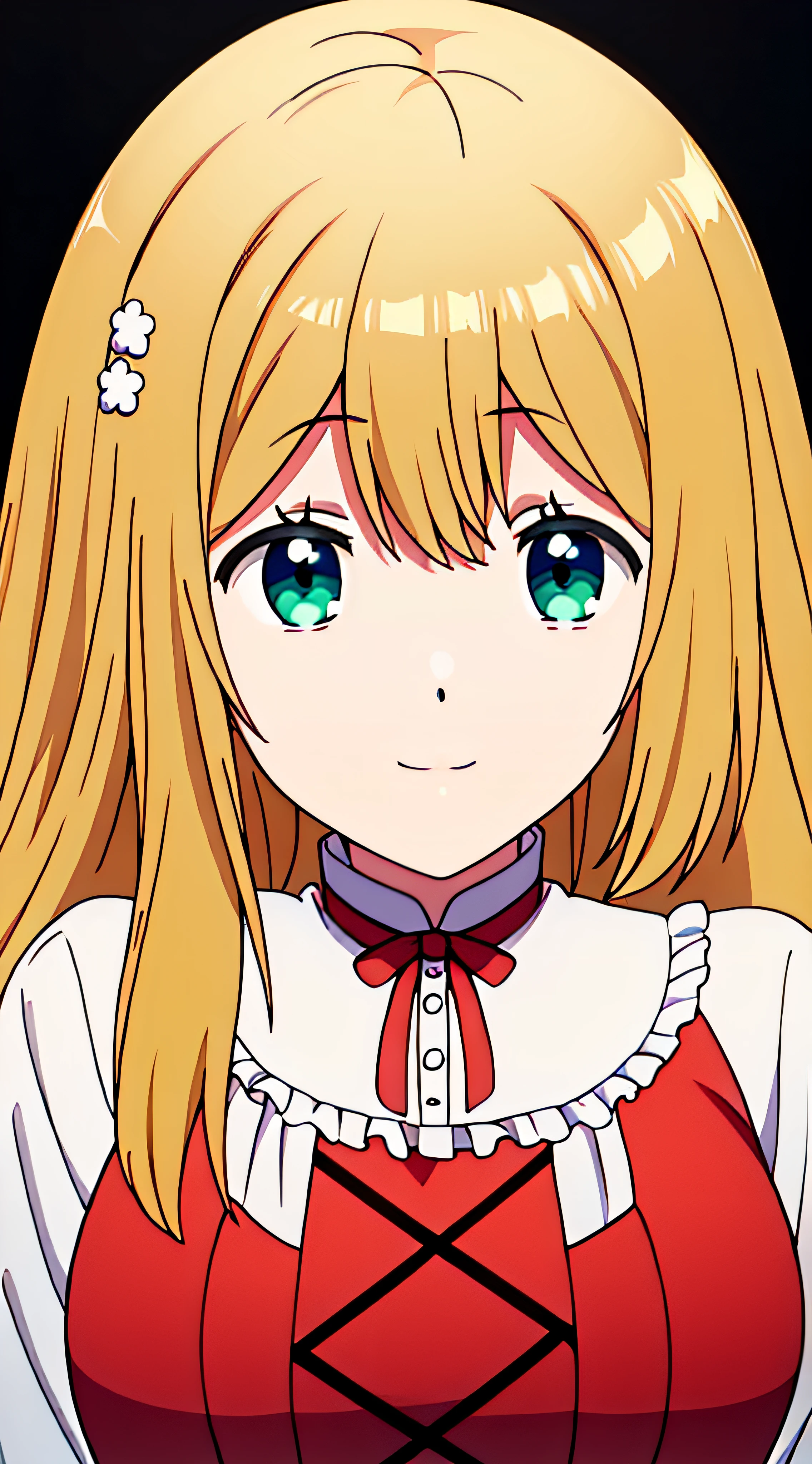 Simple White Background, red and white dress,red ribbon, frills,long sleeves, hair ornament, bangs, blonde hair,long hair, Green Eyes, 1 girl, 20yo,Young female,Beautiful Finger,Beautiful long legs,Beautiful body, Beautiful Nose,Beautiful character design, perfect eyes, perfect face,expressive eyes,perfect balance, looking at viewer,(Focus on her face),closed mouth, (innocent_big_eyes:1.0),(Light_Smile:0.3), official art,extremely detailed CG unity 8k wallpaper, perfect lighting,Colorful, Bright_Front_face_Lighting,White skin, (masterpiece:1.0),(best_quality:1.0), ultra high res,4K,ultra-detailed, photography, 8K, HDR, highres, absurdres:1.2, Kodak portra 400, film grain, blurry background, bokeh:1.2, lens flare, (vibrant_color:1.2),professional photograph, (Beautiful,large_Breasts:1.4), (beautiful_face:1.5),(narrow_waist),
