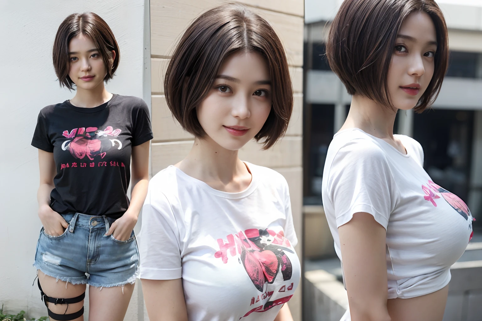 85
(a 20 yo woman,is standing), (A hyper-realistic), (masutepiece), ((short-hair:1.46)), (Smooth black hair), (Breast:1.0), (kindly smile), Wearing shorts, (Wear a T-shirt with a character design print), (Beautiful skin:1.5)