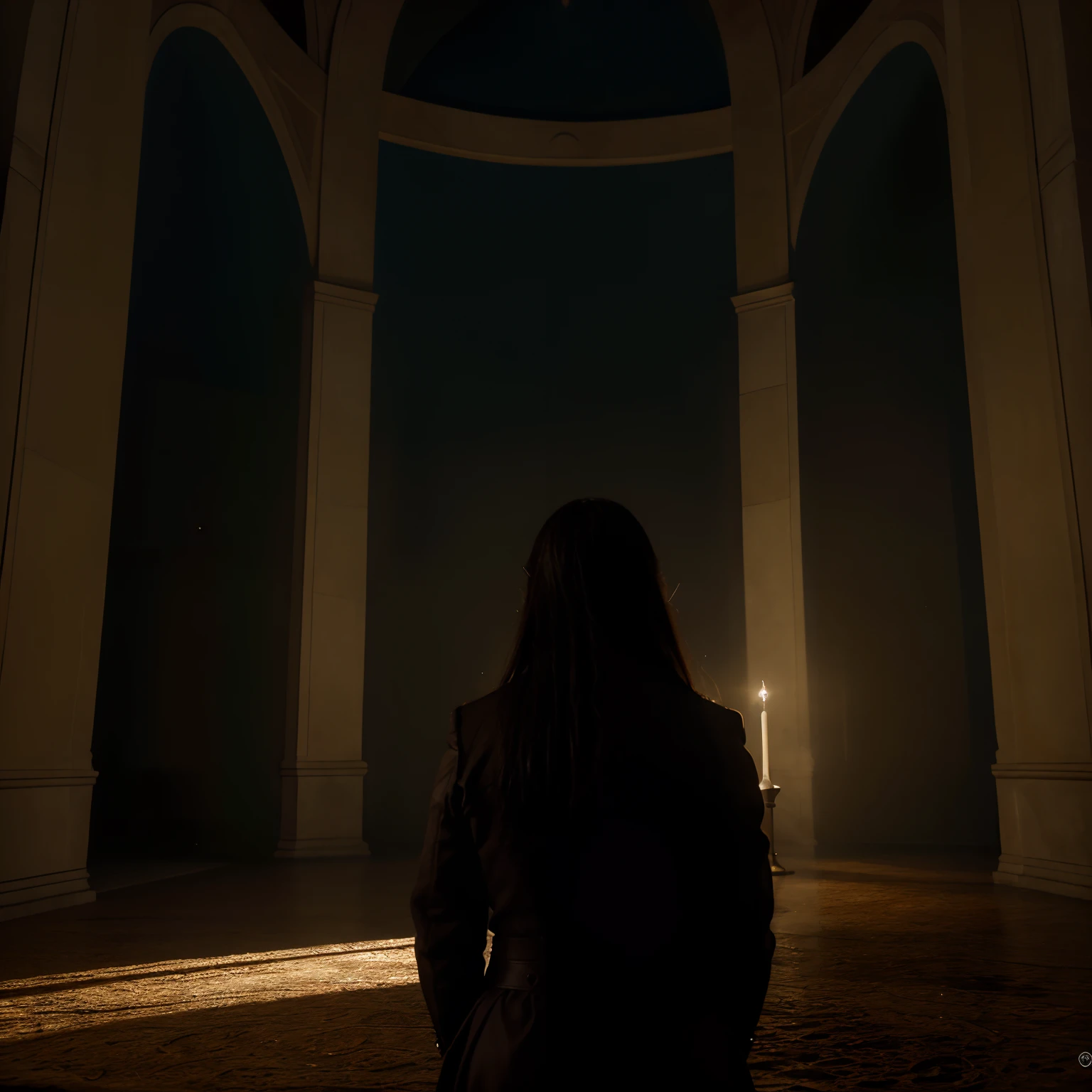 Jesus, com um olhar sereno e determinado, Reach out to the devil, that shrinks and seems to be consumed by a dark mist. Ao redor, People are watching the scene with amazement and awe, Their expressions ranging between fear and hope. The room is illuminated by a divine light, And in the background you can see a heavenly landscape