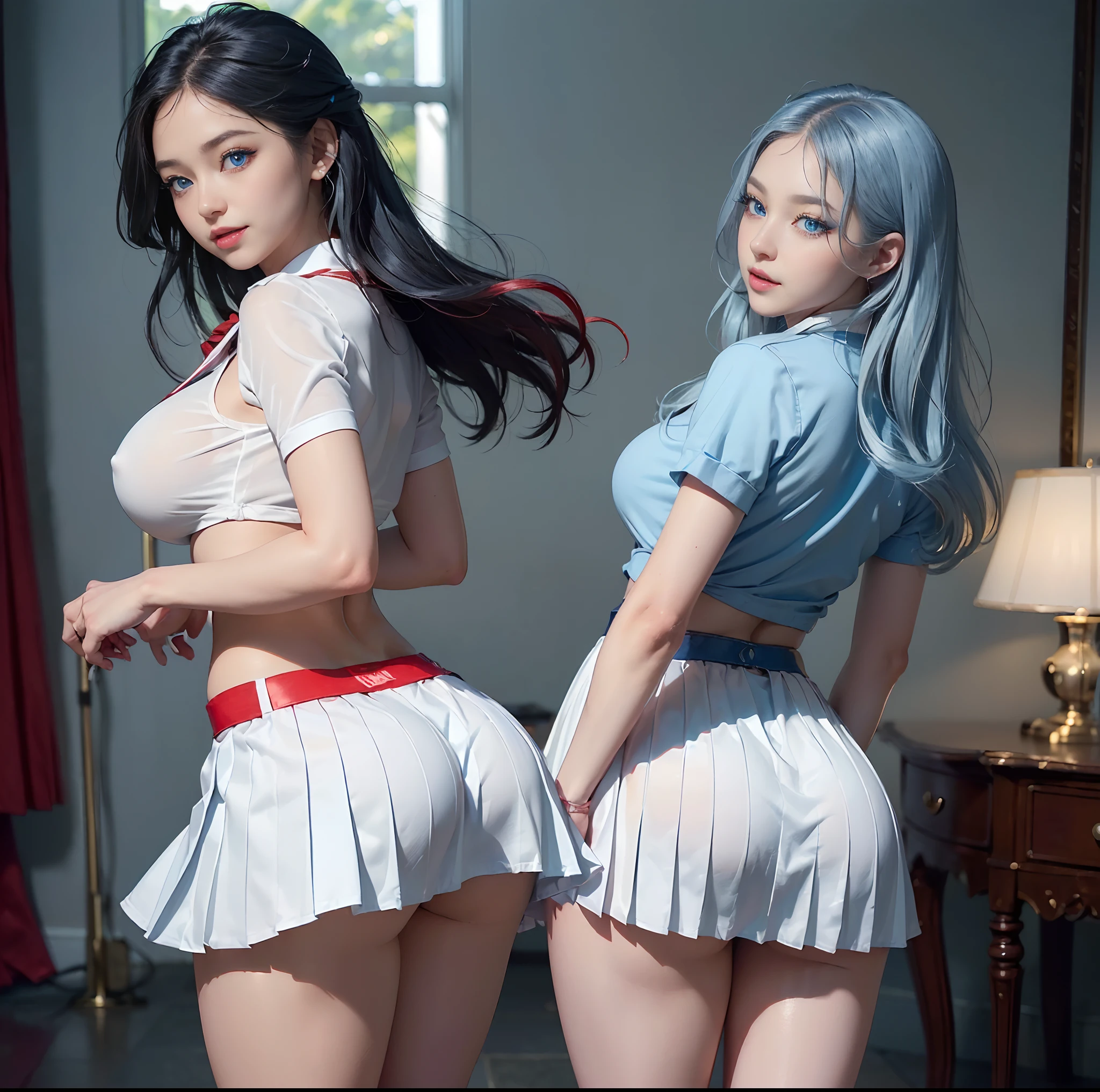 top-quality, 4K picture quality, masterpiece, Professional lighting without shadows, A hyper-realistic, perfect anatomia, Two girls, ( with perfect body、Colossal breasts with tension:1.3), Bright and even whitening skin without wrinkles and steps, (Reflects a lot of light with bright and beautiful blue eyes with long eyelashes and plump red tear bags:1.5)、 Cute hairstyles, (Her outfit is、Dress up a tight-fitting school girl uniform with a white ultra-thin fabric on bare skin with a super short super mini pleated skirt:1.6), (Proudly showing off her breasts from the front, which can be seen through from under her clothes:1.7), (Another girl on the other side、To beautifully emphasize the proud big butt、Show off your bare buttocks from right behind:1.5), (She smiles with sleepy half-eyes),