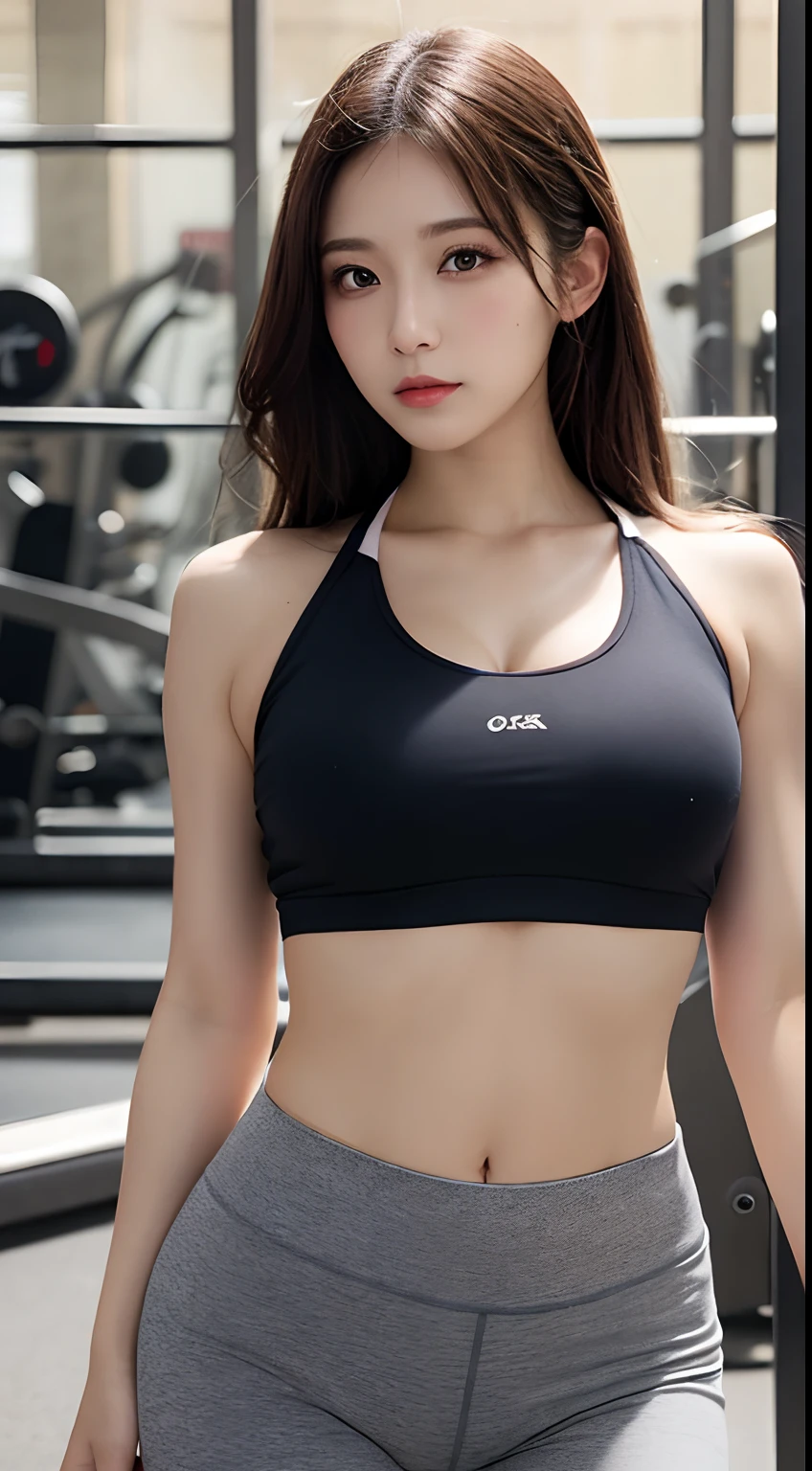 1 girl, Tokyo street, night, cityscape, city lights, upper body, close-up, smile, (8k, RAW photo, top quality, masterpiece: 1.2), (real, photoreal: 1.37), sports bra, tight low-rise leggings, muscular, legs open and crotch sticking out, hands behind the head to show off sides, muscular female arms, split abs, muscular legs, Trained arms with hands above the head and showing off the sides from the front