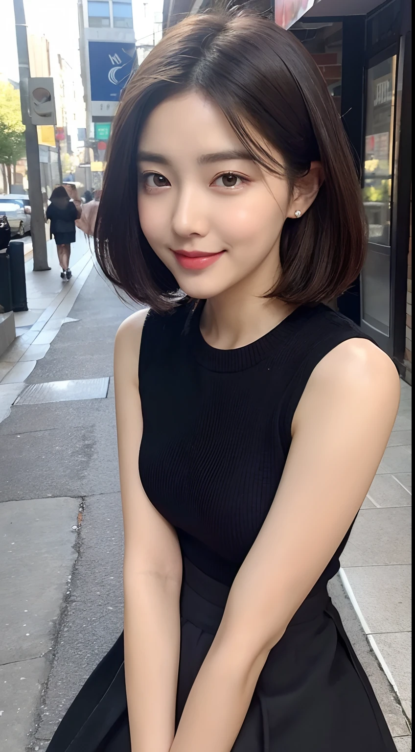 ((best qualtiy,8K,tmasterpiece:1.3)),Perfect beauty:1.4,glute:1.2,(Layered Hair Style:1.2)),(the street:1.3),Highly Detailed Face and Skin Textur,full bodyesbian,Elaborate Eyes,二重まぶた,Whitens the skin,Short wave hair,Cute Korean beauty(with a round face:1.5),(Black top,short skirt:1.6)ssmile