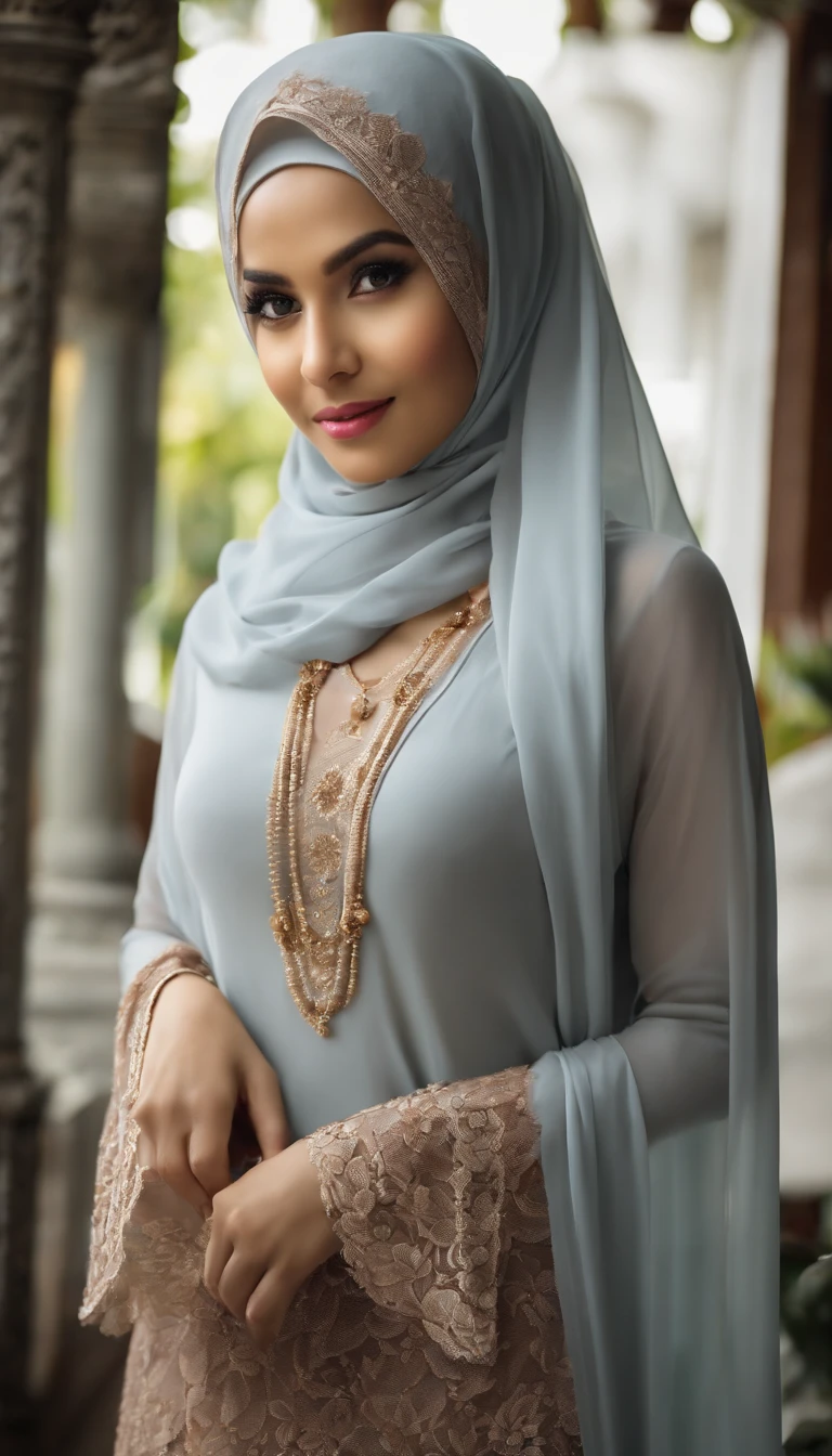 RAW, Best quality, high resolution, masterpiece: 1.3), beautiful Malay woman in hijab,Masterpiece, perfect slim fit body, (medium breasts), big gorgeous eyes, Soft smile, wear a light grey lace bra and a tight light white legging, necklace, shairband, afternoon view, house view garden, Excellent lighting, Bright colors, Clean lines