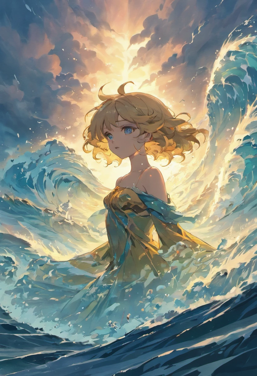 oil painting beautiful (nude:1.4) ( smiling:0.7) blonde, beautiful azure sea waves with foam , storm, Clouds, masterpiece, definition , highest quality, hair flutters in the wind, Epic, fantasy