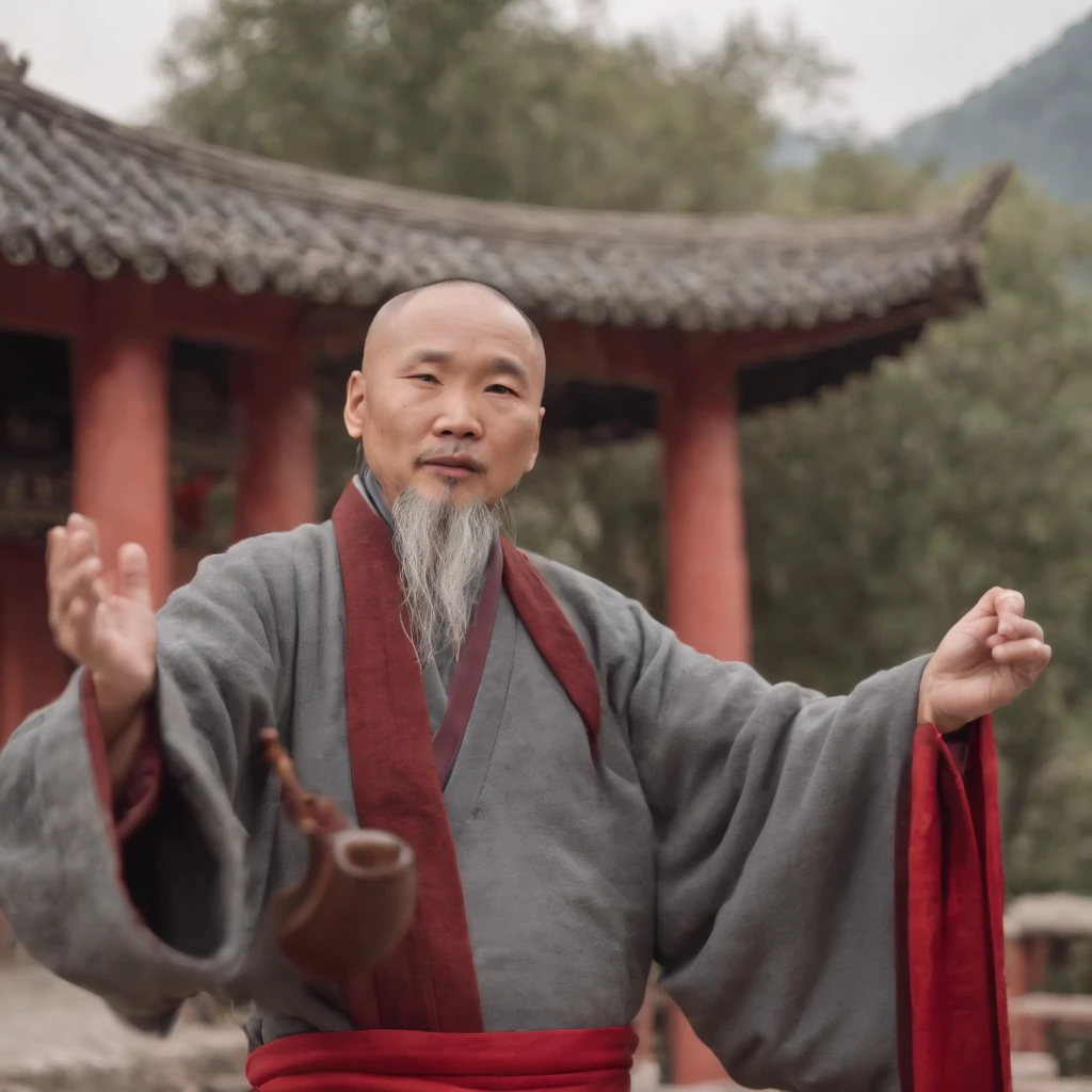 In an ancient Taoist temple，One was dressed in a gray robe，The old Taoist priest of the Xianfeng Dao Bone，Burning incense and praying for blessings，The Taoist temple is antique，Traditional Chinese architecture，（best qualtiy，8K，hyper-detailing）