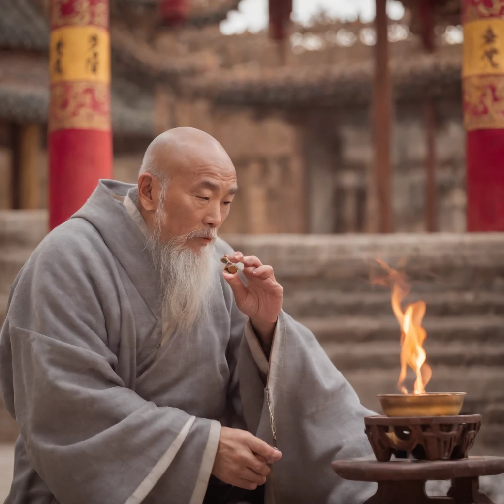 In an ancient Taoist temple,One was dressed in a gray robe,The old Taoist priest of the Xianfeng Dao Bone,Burning incense and praying for blessings,The Taoist temple is antique,Traditional Chinese architecture,(best qualtiy,8K,hyper-detailing)