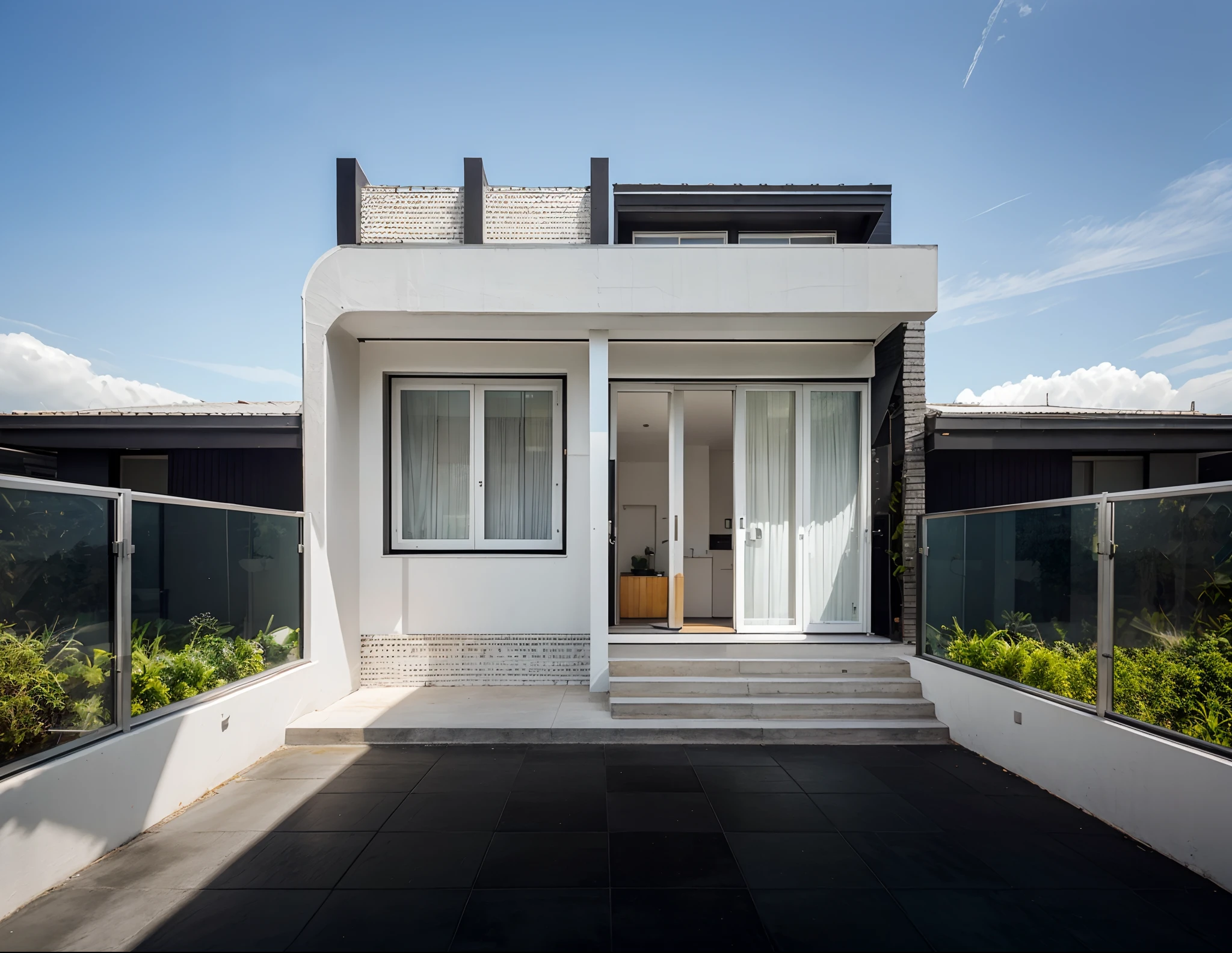 Modern house, in the middle of the city, blue sky, golden sunlight, behind are tropical forest hills and mountains, white walls combined with black tiles, black-rimmed glass doors, flower pots