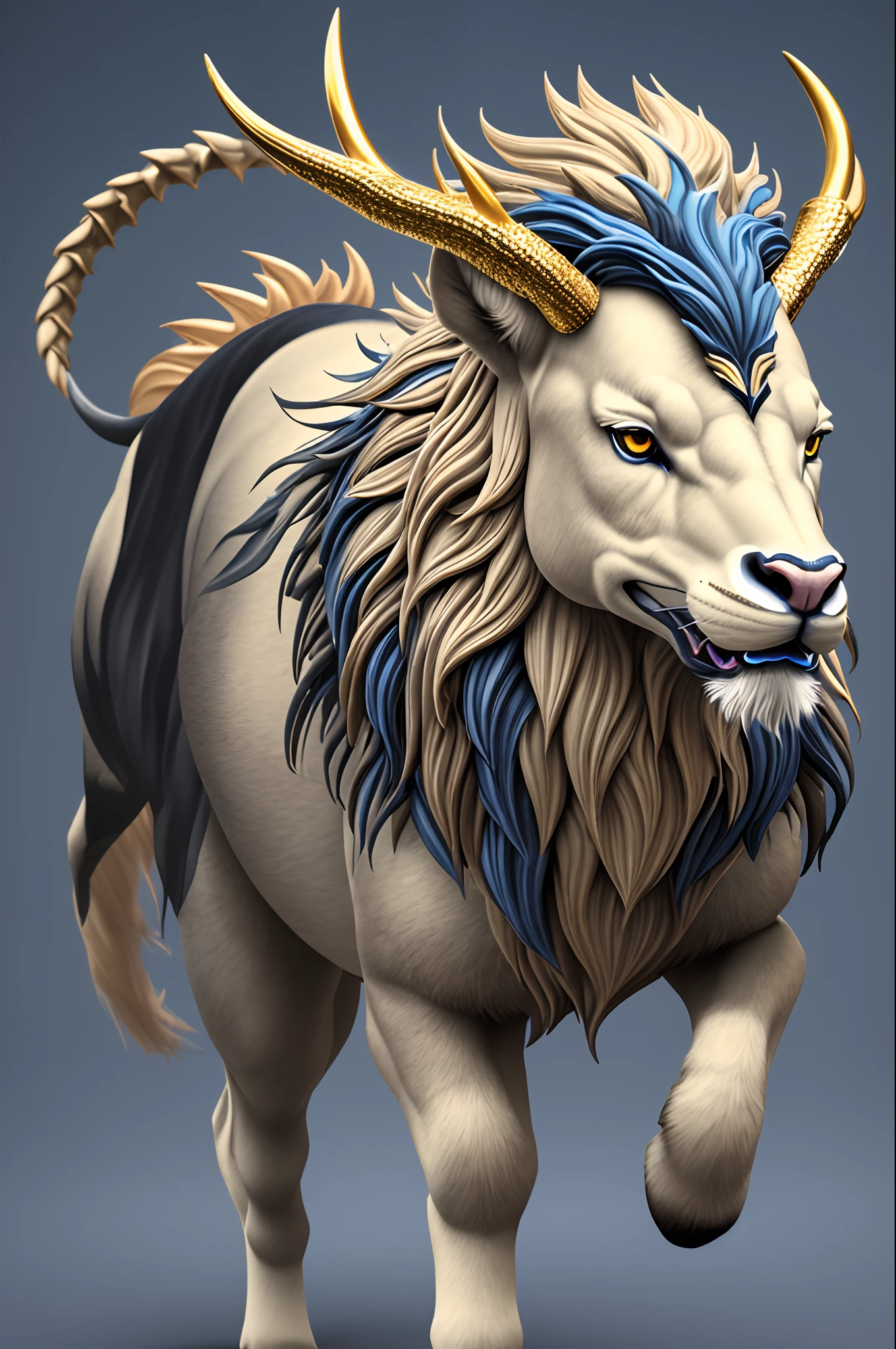 Anthropomorphic Kirin, anthropomorphism. Kirin is a legendary mythical creature with the body of a horse or deer, the head of a dragon, the horns of a deer, the scales of a fish, and the tail of a lion, among other features. It is depicted with a golden and Dark Blue color scheme, lively and vivid imagery, a white background, C4D,3D effects, and Unreal Engine 5. --auto --s2