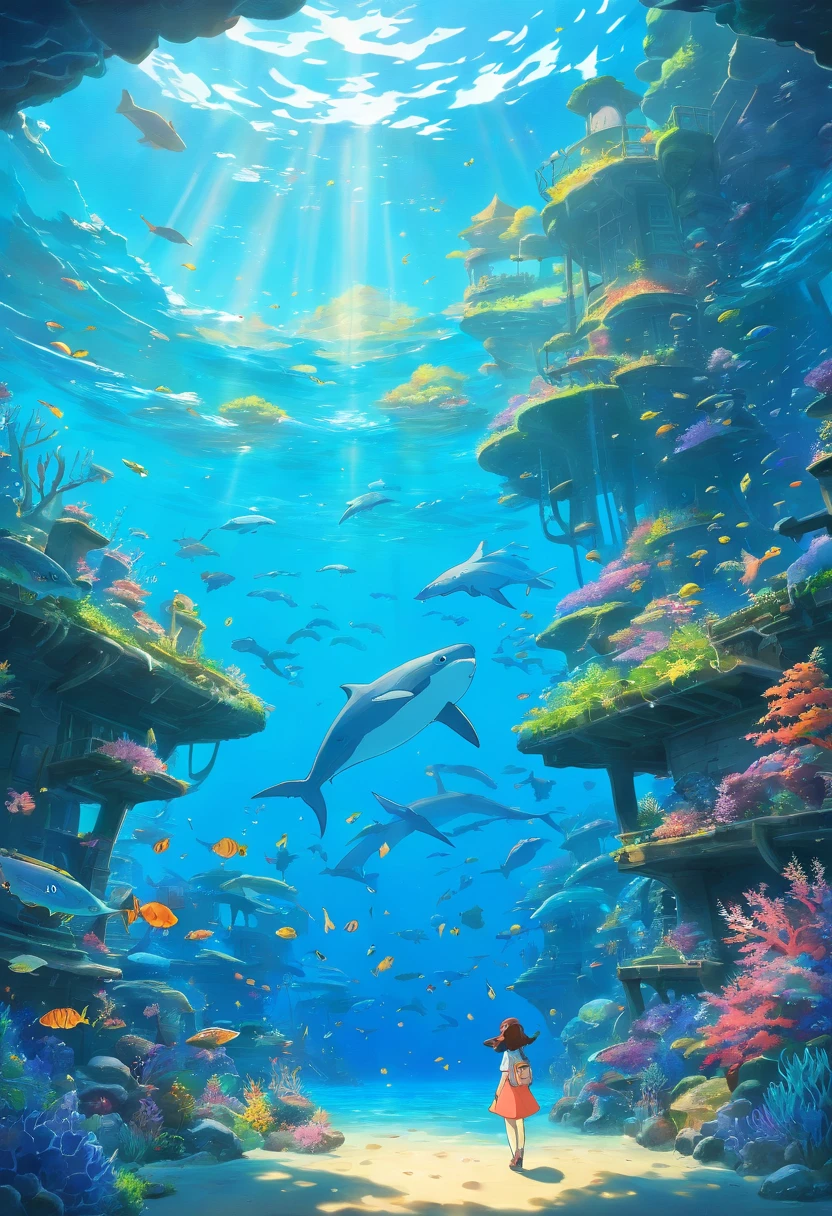 In the style of a tranquil underwater world landscape, A variety of marine life,colorful animation stills, Amber style, Honest portrayal