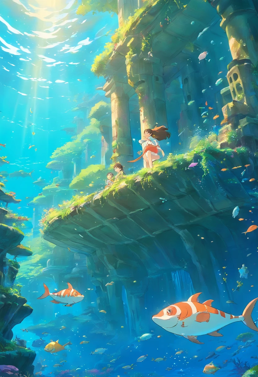 In the style of a tranquil underwater world landscape, A variety of marine life，colorful animation stills, Amber style, Honest portrayal